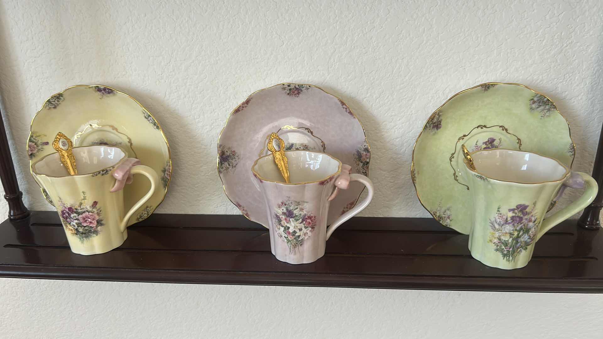 Photo 1 of FOUR TIER WOODEN WALL SHELF SHOWCASES COLLECTION OF VINTAGE PORCELAIN TEACUPS & SAUCERS 25" X 36" $175