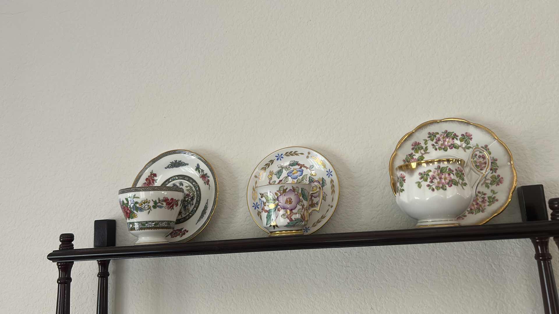 Photo 1 of FOUR TIER WOODEN WALL SHELF SHOWCASES COLLECTION OF VINTAGE PORCELAIN TEACUPS & SAUCERS 25" X 36" $175