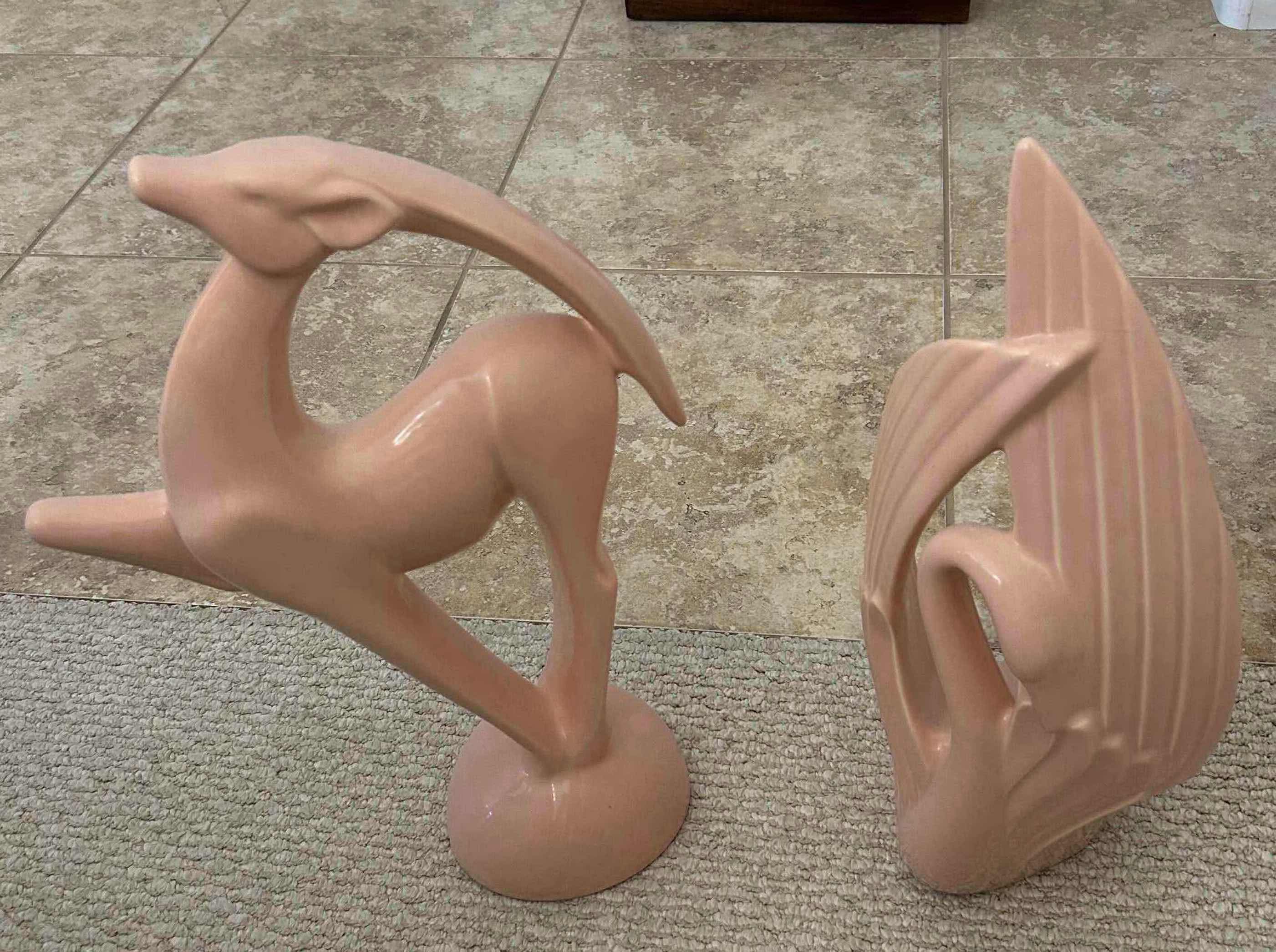 Photo 1 of 2 VINTAGE MID CENTURY MODERN POTTERY PIECES W MATCHING MATTE PASTEL PINK GLAZE SWAN DEER H 20"