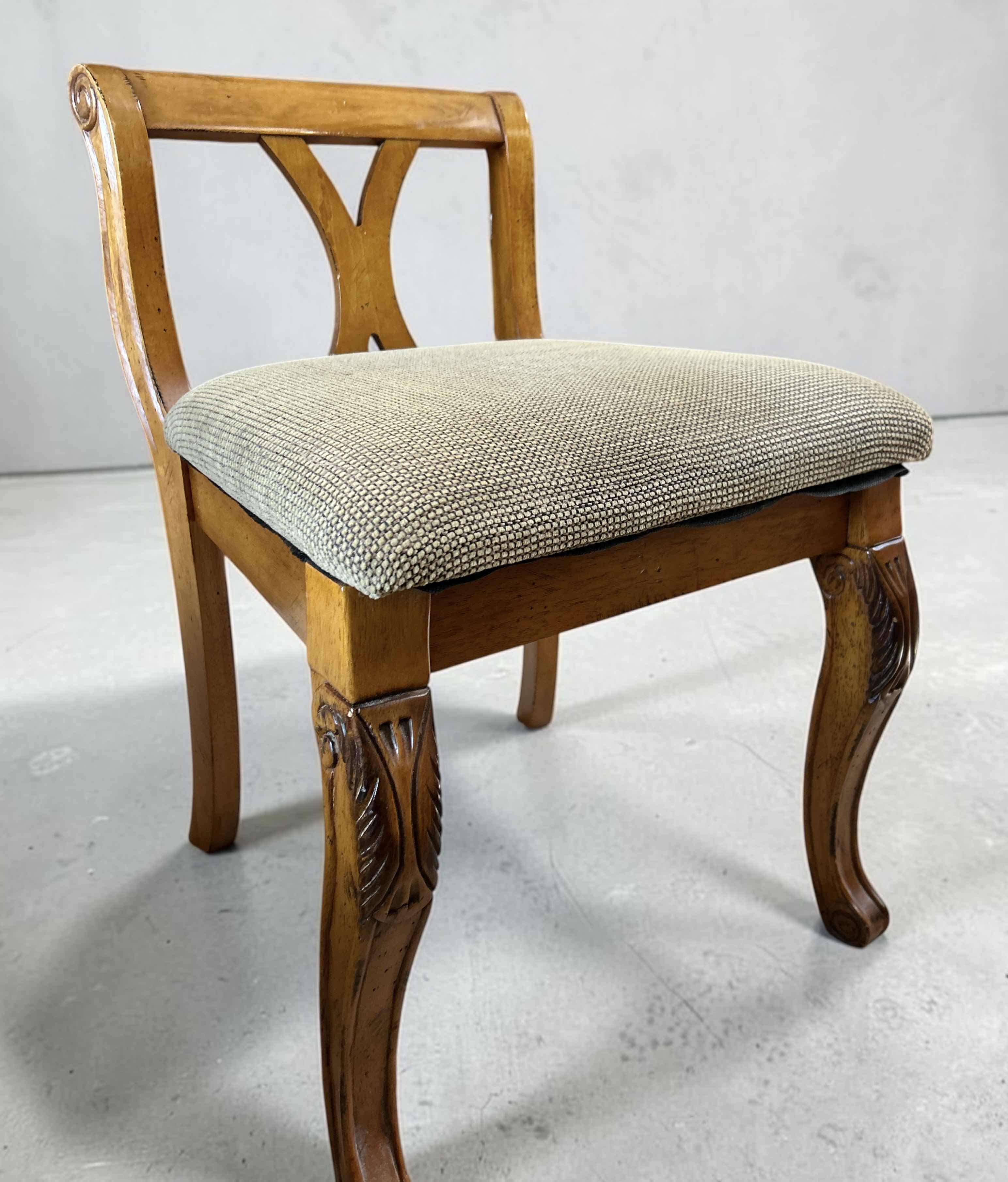 Photo 1 of VINTAGE EMPIRE REGENCY STYLE CARVED WALNUT SMALL SIDE CHAIR W TEXTURED UPHOLSTER CUSHION SEAT 18.50 x 20” x H27” $150