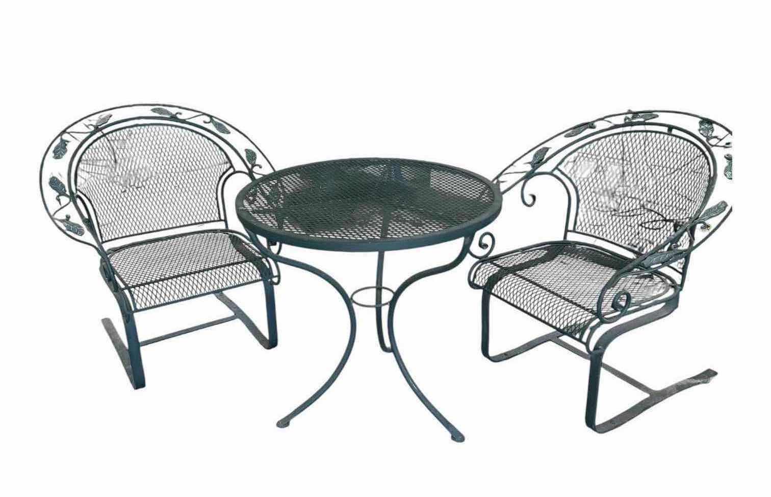 Photo 1 of VINTAGE GREEN WROUGHT IRON PATIO SET W LEAF & VINE SCROLL DETAILS 2 MATCHING GLIDER CHAIRS 36"ROUND MESH TOP TABLE