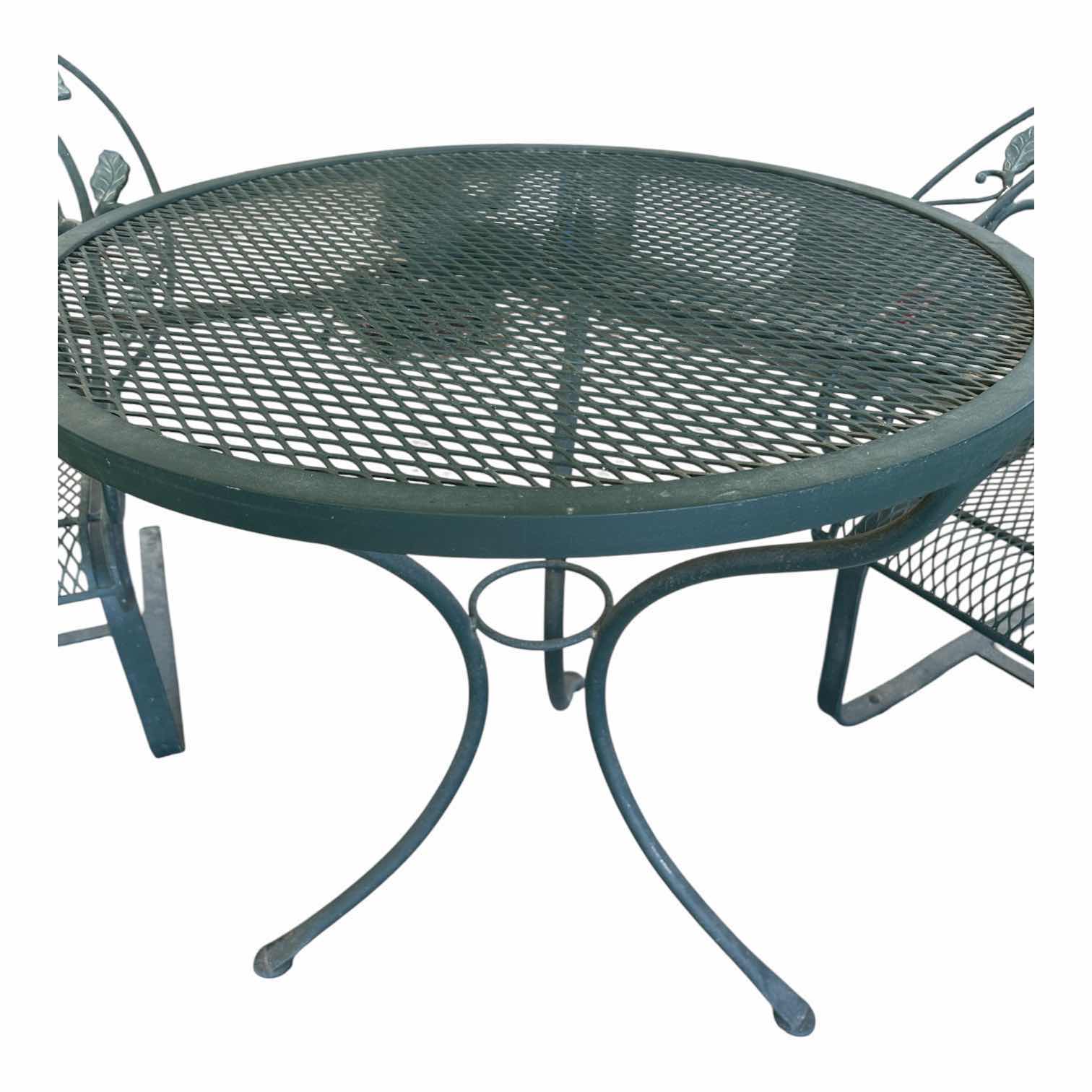 Photo 1 of VINTAGE GREEN WROUGHT IRON PATIO SET W LEAF & VINE SCROLL DETAILS 2 MATCHING GLIDER CHAIRS 36"ROUND MESH TOP TABLE