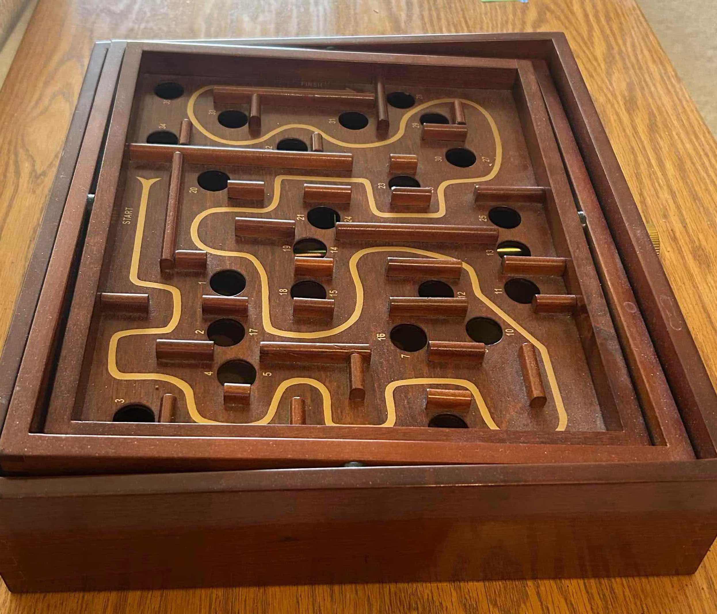 Photo 1 of VINTAGE WOODEN CHESSBOARD W INLAID MOSAIC BLOCK MADE 1874 & CLASSIC WOODEN LABYRINTH TILT MAZE GAME