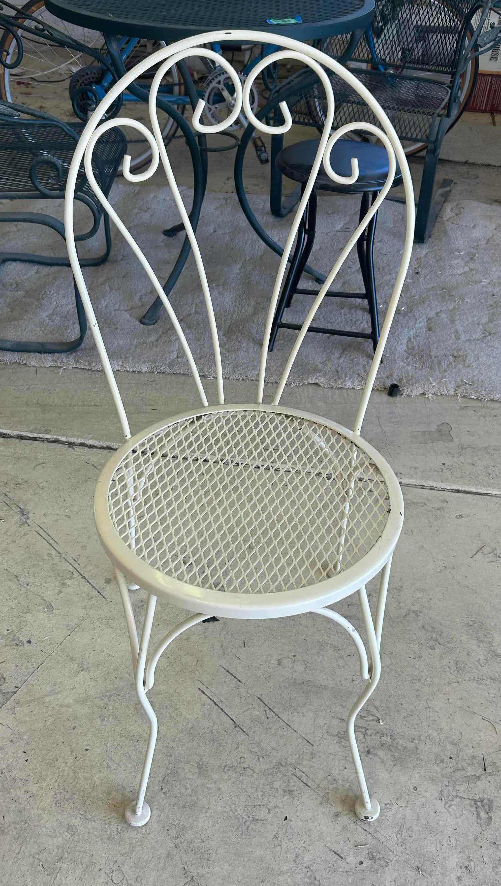 Photo 1 of WHITE VINTAGE STYLE WROUGHT IRON BISTRO SET W 36" ROUND MESH PATTERN TABLE & 2 MATCHING CHAIRS