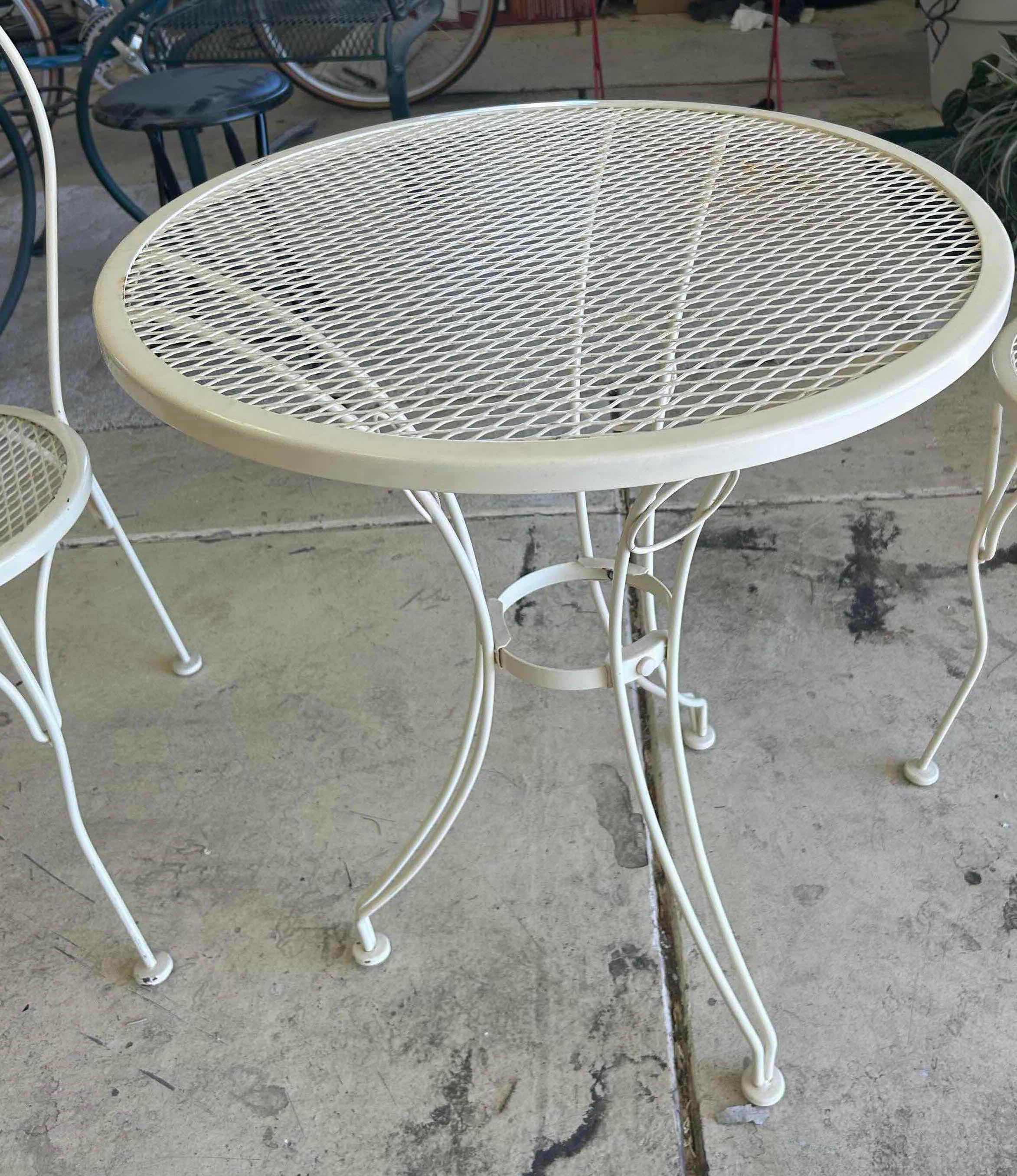 Photo 1 of WHITE VINTAGE STYLE WROUGHT IRON BISTRO SET W 36" ROUND MESH PATTERN TABLE & 2 MATCHING CHAIRS