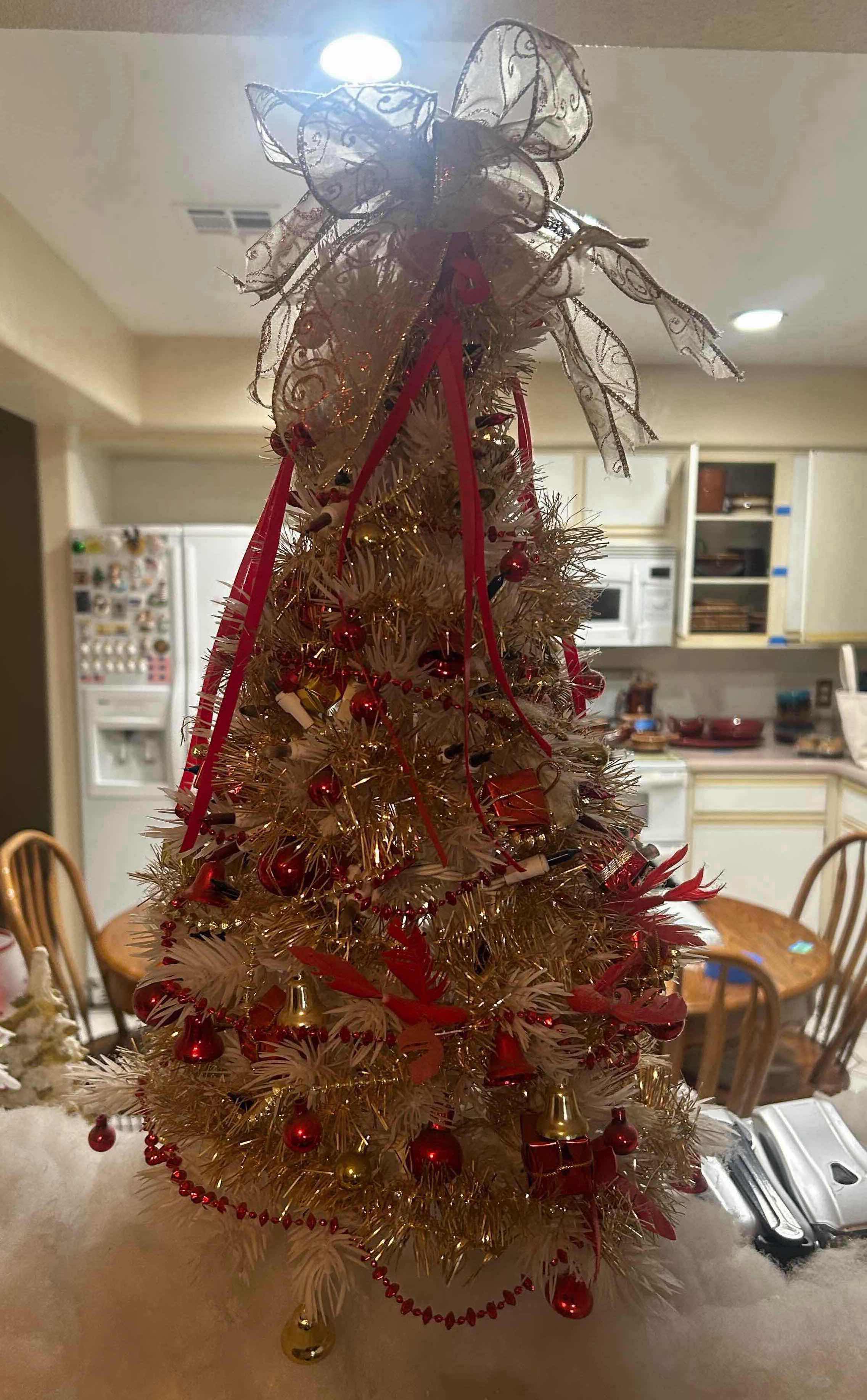 Photo 1 of MINIATURE TABLETOP DECORATED CHRISTMAS TREE W CLASSIC RED GOLD ORNAMENTS H 24"
