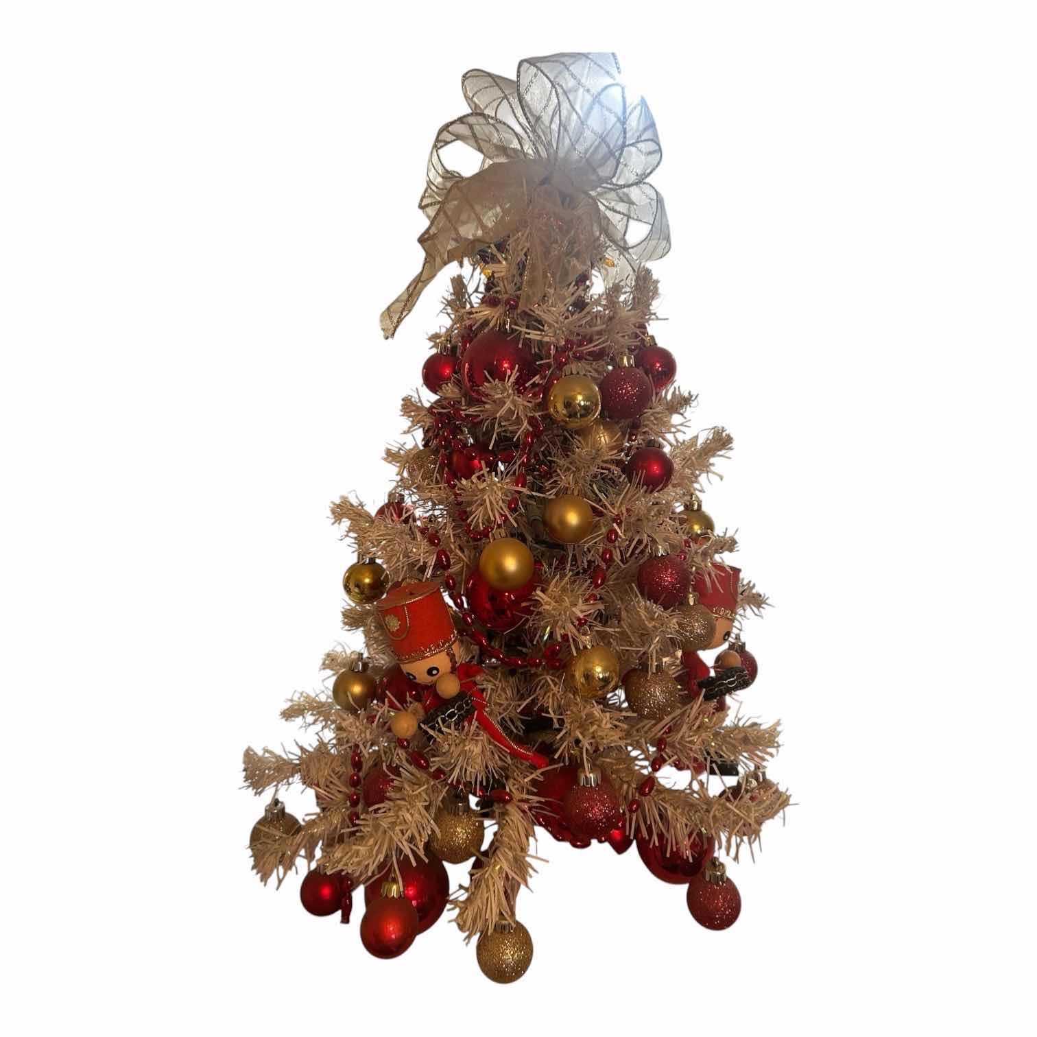 Photo 1 of MINIATURE TABLETOP DECORATED CHRISTMAS TREE W CLASSIC RED GOLD ORNAMENTS H 24"