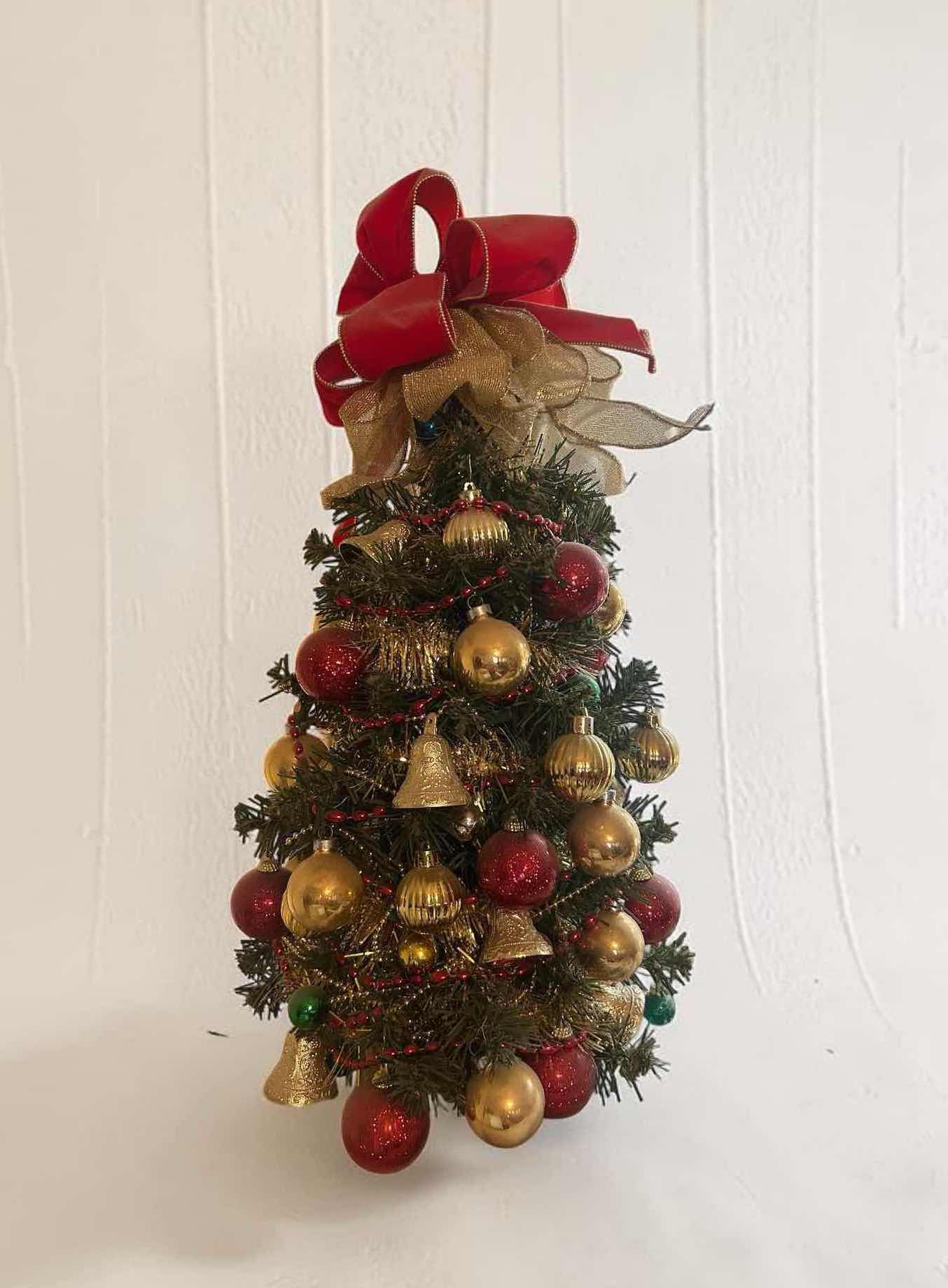 Photo 1 of MINIATURE TABLETOP DECORATED CHRISTMAS TREE W CLASSIC RED GOLD ORNAMENTS H 24"