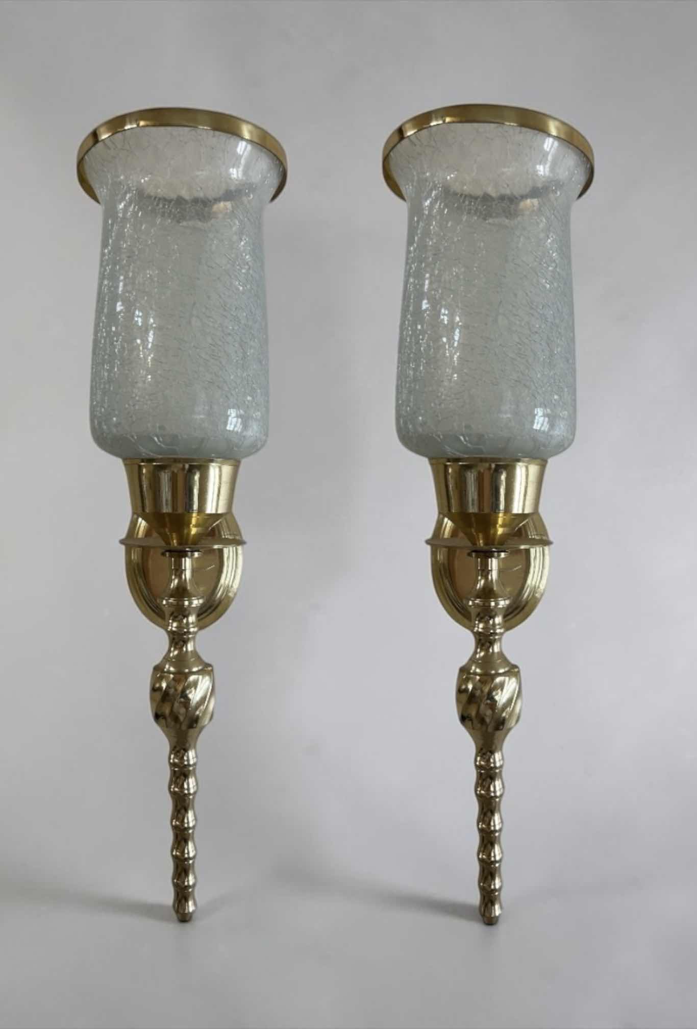 Photo 1 of 2 - BRASS CANDLE SCONCES WITH CRACKLE GLASS SHADE H15”