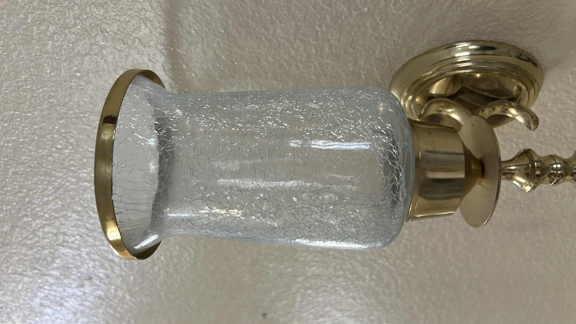 Photo 1 of 2 - BRASS CANDLE SCONCES WITH CRACKLE GLASS SHADE H15”