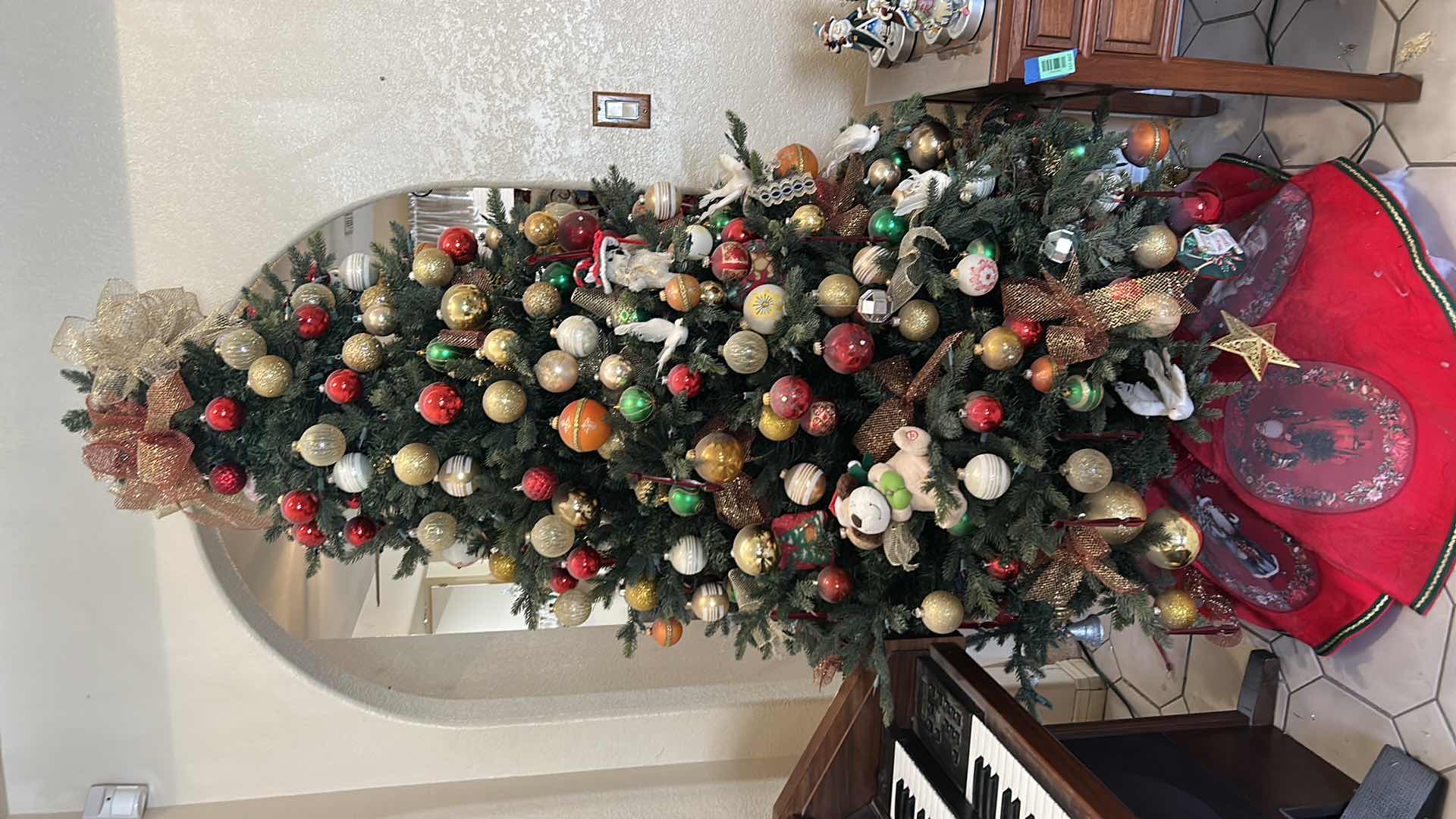 Photo 1 of 8’ ARTIFICIAL CHRISTMAS TREE DECORATED W RED GOLD WHITE GREEN ORNAMENTS