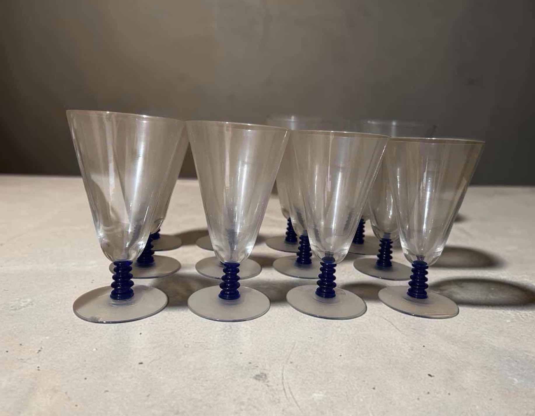 Photo 1 of 12- VINTAGE CLEAR WATER GLASS W TEXTURE COBALT BLUE STEM