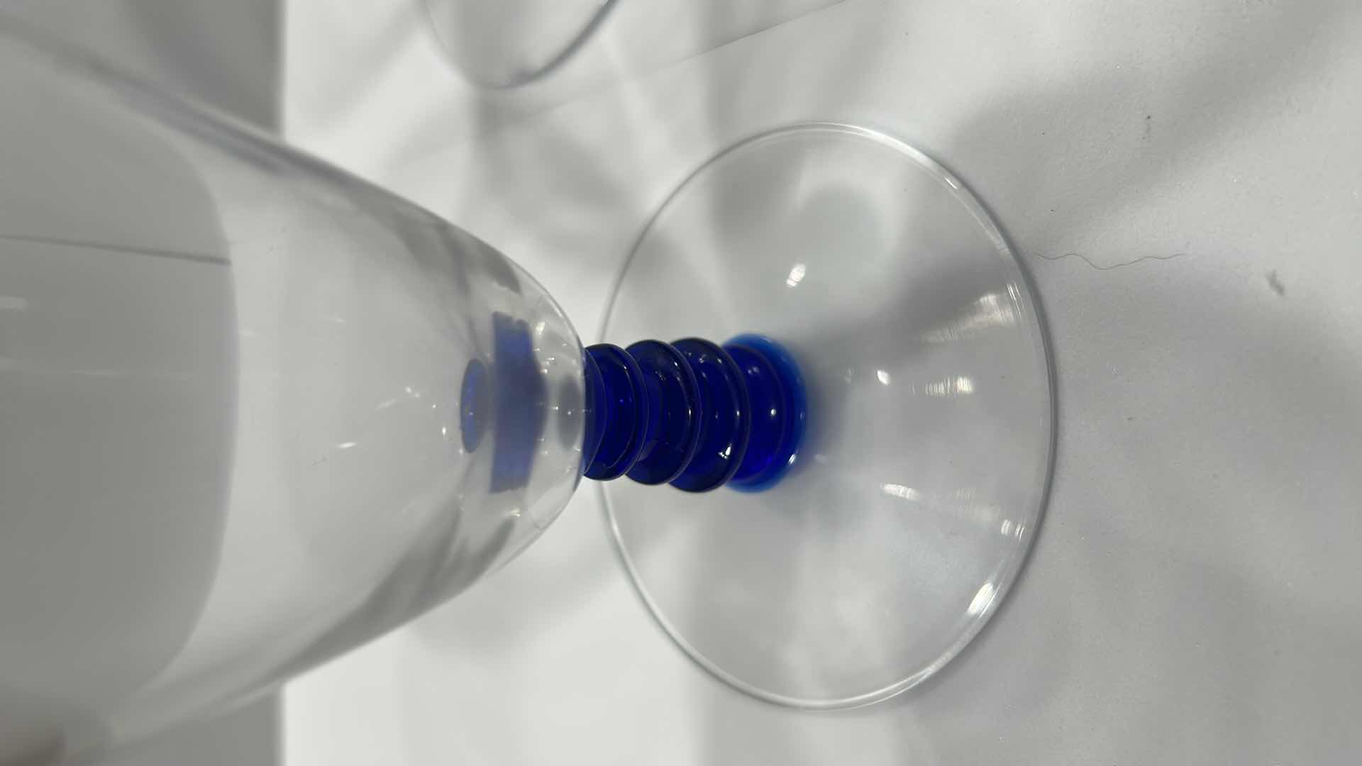 Photo 1 of 12- VINTAGE CLEAR WATER GLASS W TEXTURE COBALT BLUE STEM