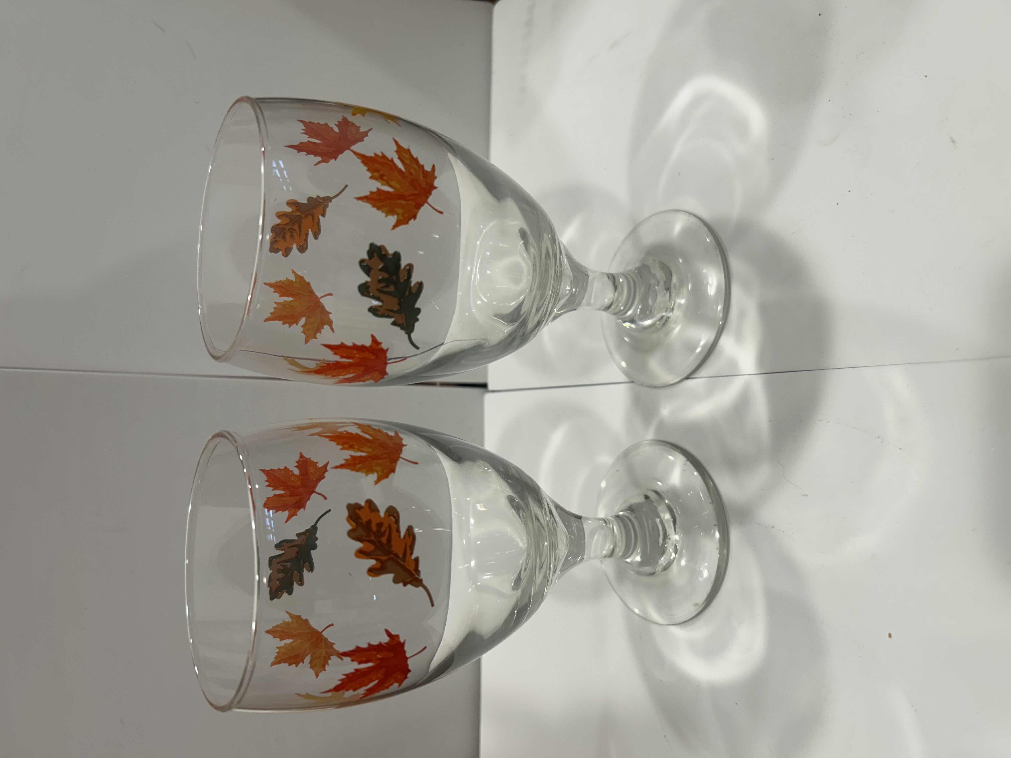 Photo 1 of 8- VINTAGE LIBBEY FALL LEAVES WINE GLASSES W VIBRANT ORANGE RED ATUMN LEAF PATTERN