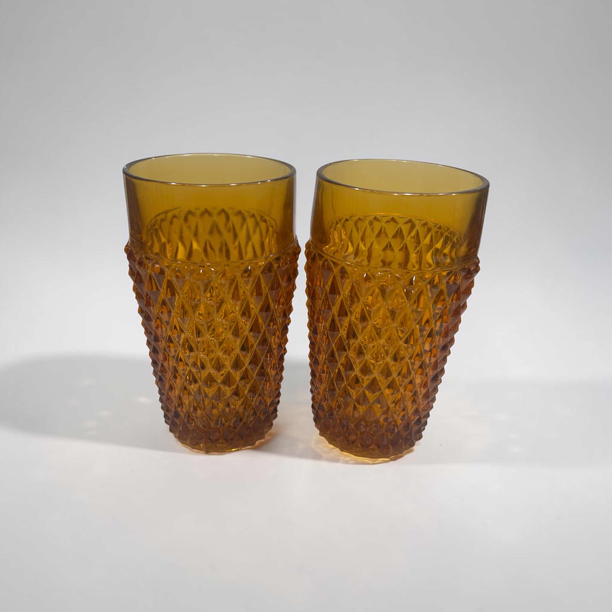 Photo 1 of 8- VINTAGE DIAMOND POINT AMBER GLASS TUMBLERS