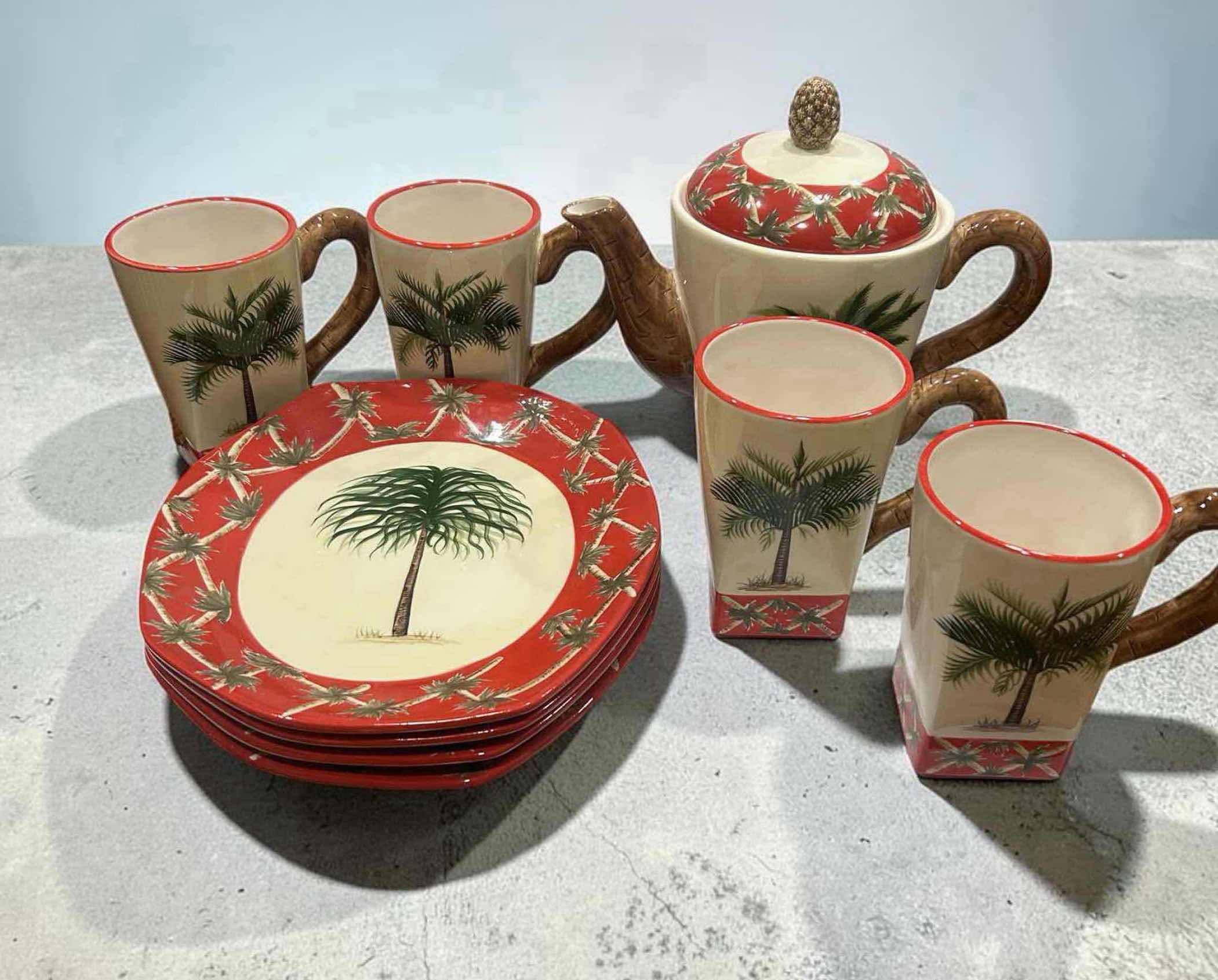 Photo 1 of PACIFIC RIM CERAMIC PALM TREE TEAPOT W PINEAPPLE LID & MATCHING PALM MUGS PLATES