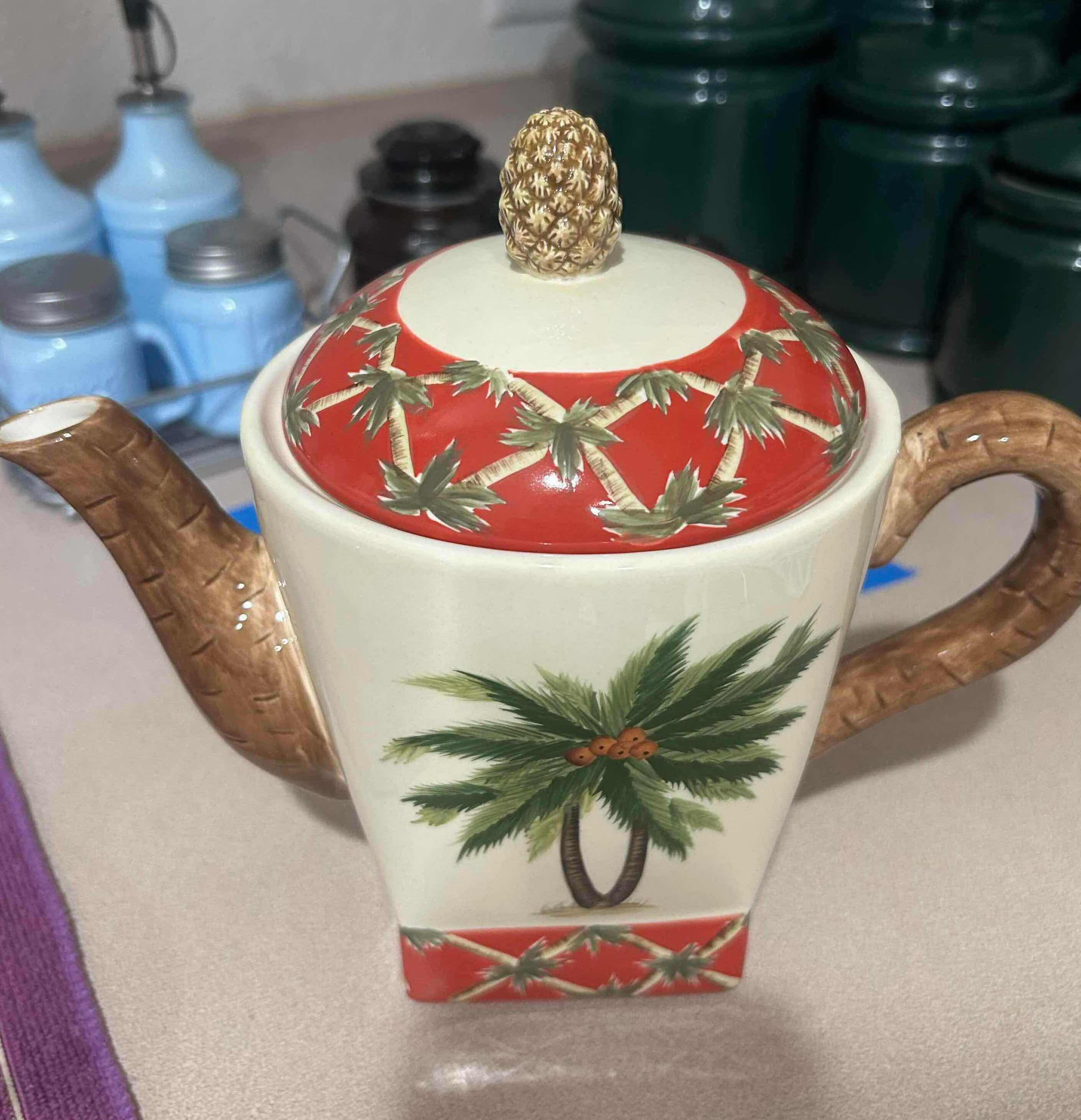 Photo 1 of PACIFIC RIM CERAMIC PALM TREE TEAPOT W PINEAPPLE LID & MATCHING PALM MUGS PLATES