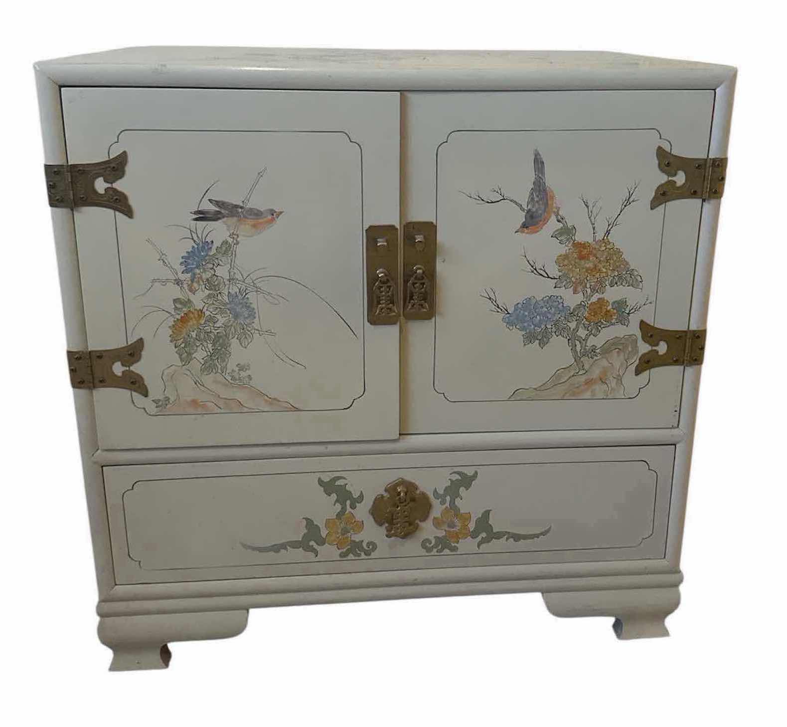 Photo 1 of CREAM LAQUERED CHINESE ACCENT CABINET W HAND PAINTED BIRD & BRASS HARDWARE 38" X 24"