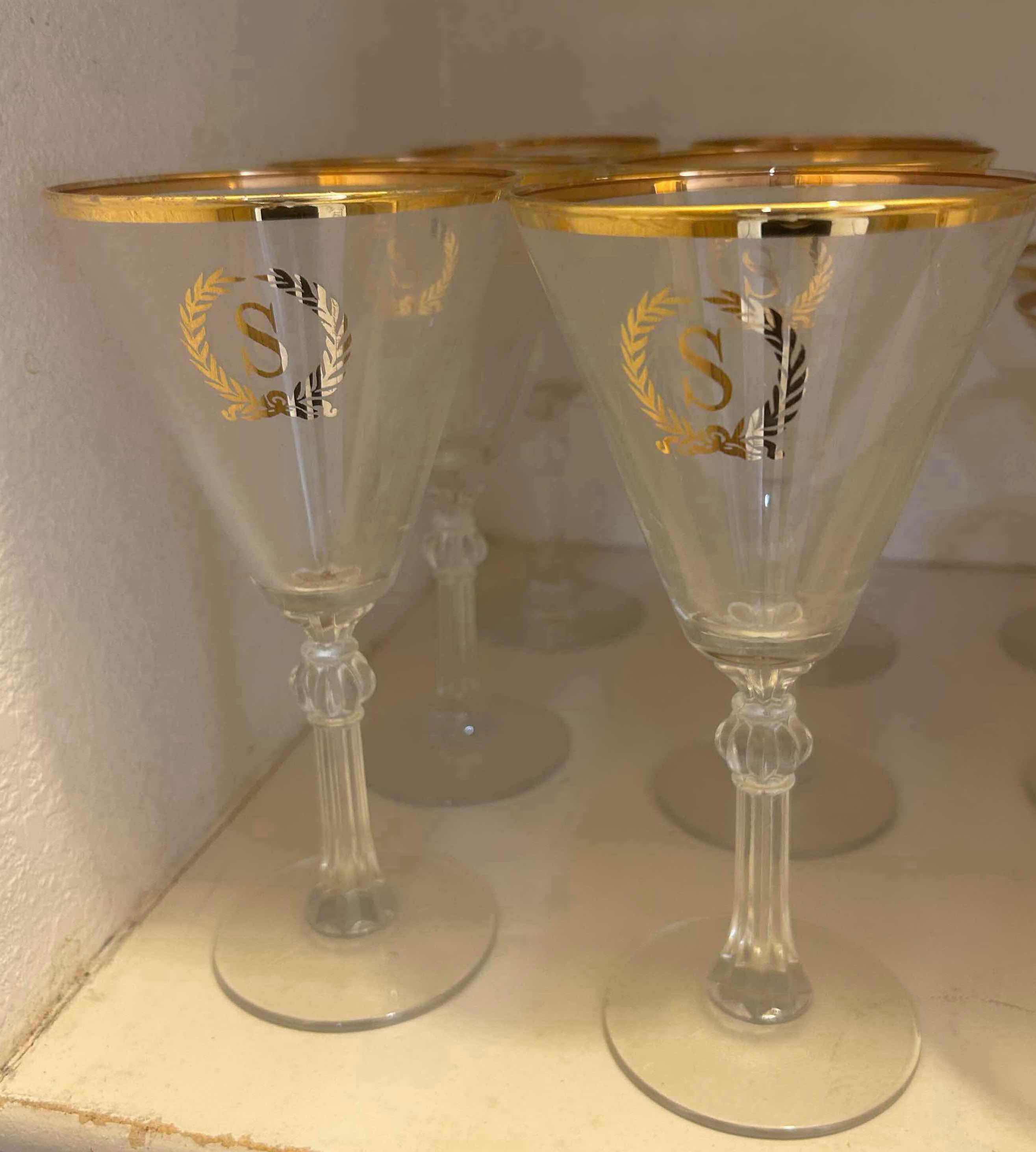 Photo 1 of 6-VINTAGE CLEAR CRYSTAL STEMWARE GOLD RIM W GOLD"S" MONOGRAM H 8"