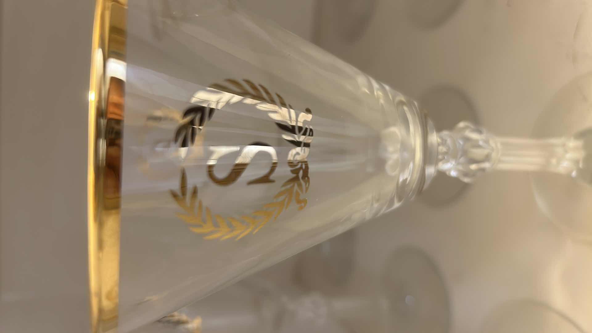 Photo 1 of 6-VINTAGE CLEAR CRYSTAL STEMWARE GOLD RIM W GOLD"S" MONOGRAM H 8"