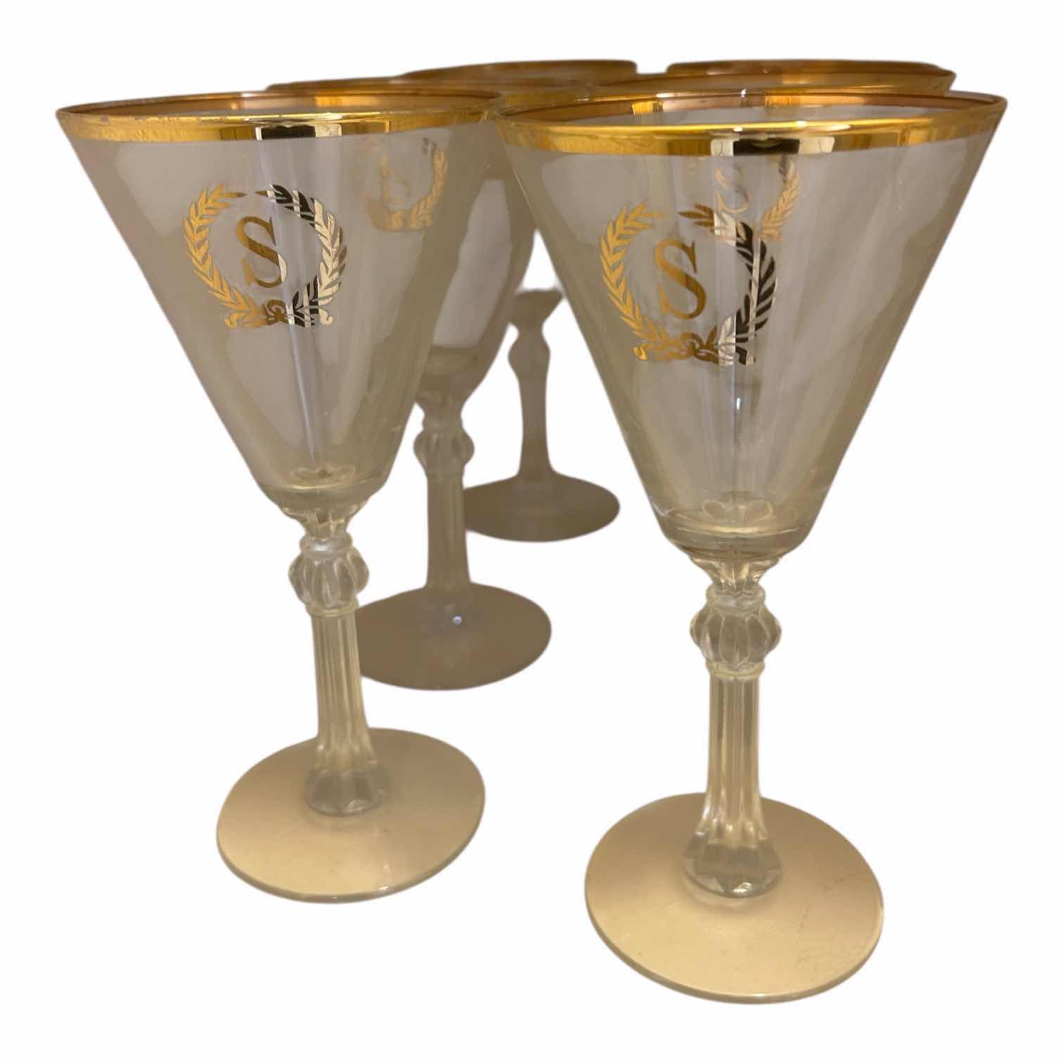 Photo 1 of 6-VINTAGE CLEAR CRYSTAL STEMWARE GOLD RIM W GOLD"S" MONOGRAM H 8"
