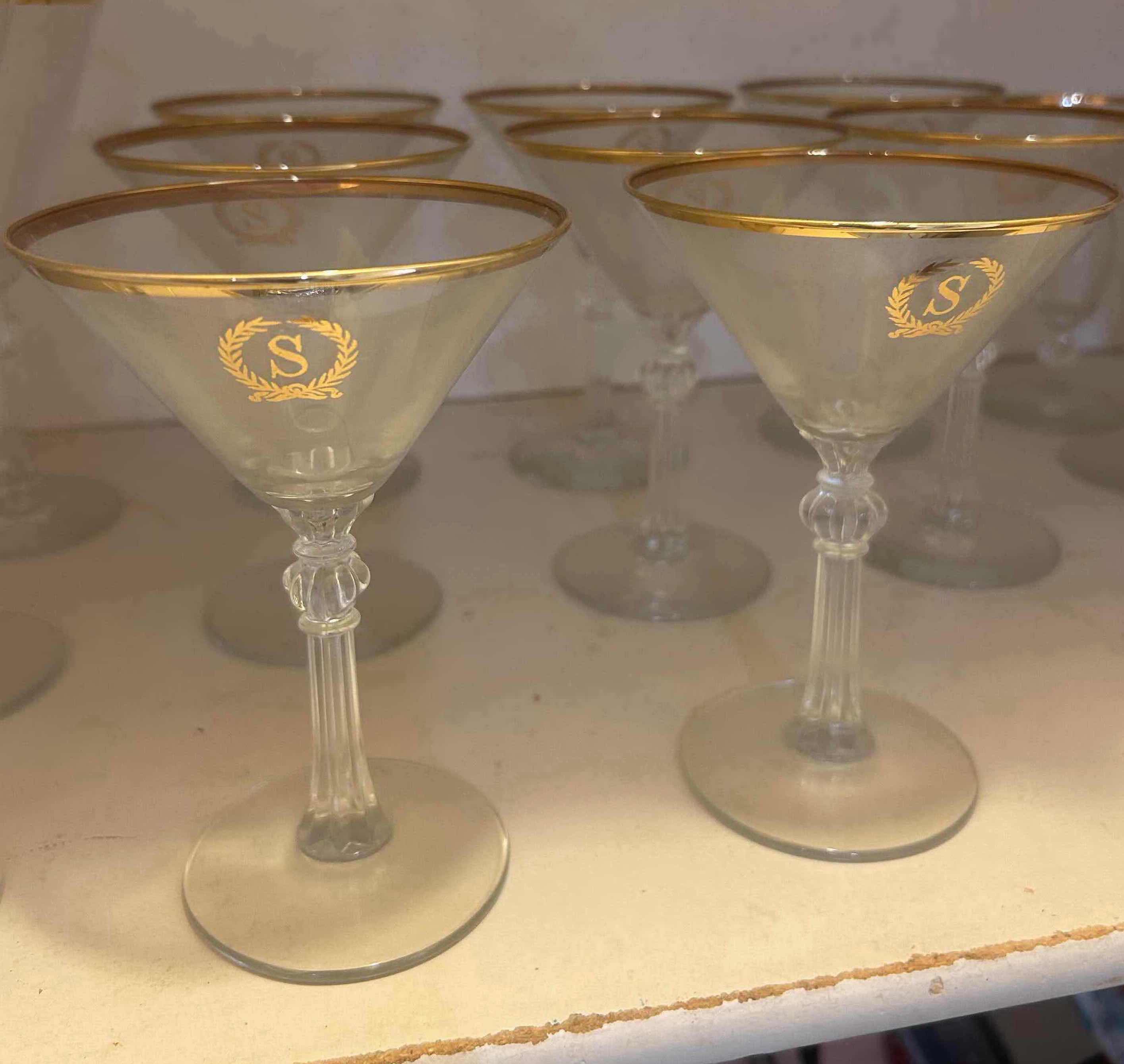 Photo 1 of 8-VINTAGE CLEAR CRYSTAL STEMWARE GOLD RIM W GOLD"S" MONOGRAM H 6"