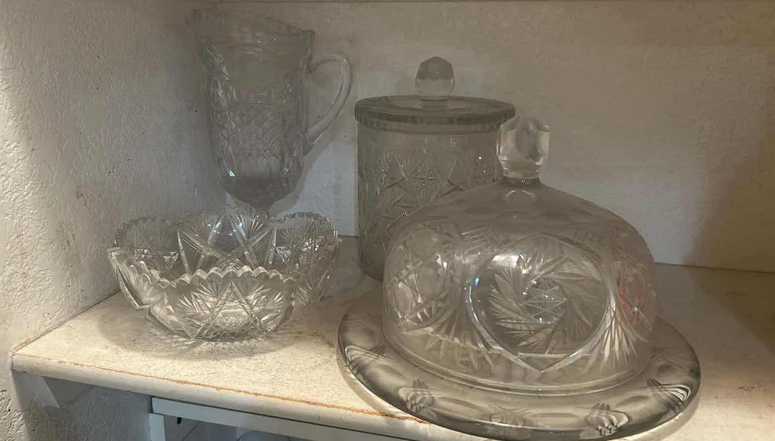 Photo 1 of 4-VINTAGE PRESSED GLASS DECORATIVE CAKE PLATE PITCHER LIDDED JAR CANDY DISH