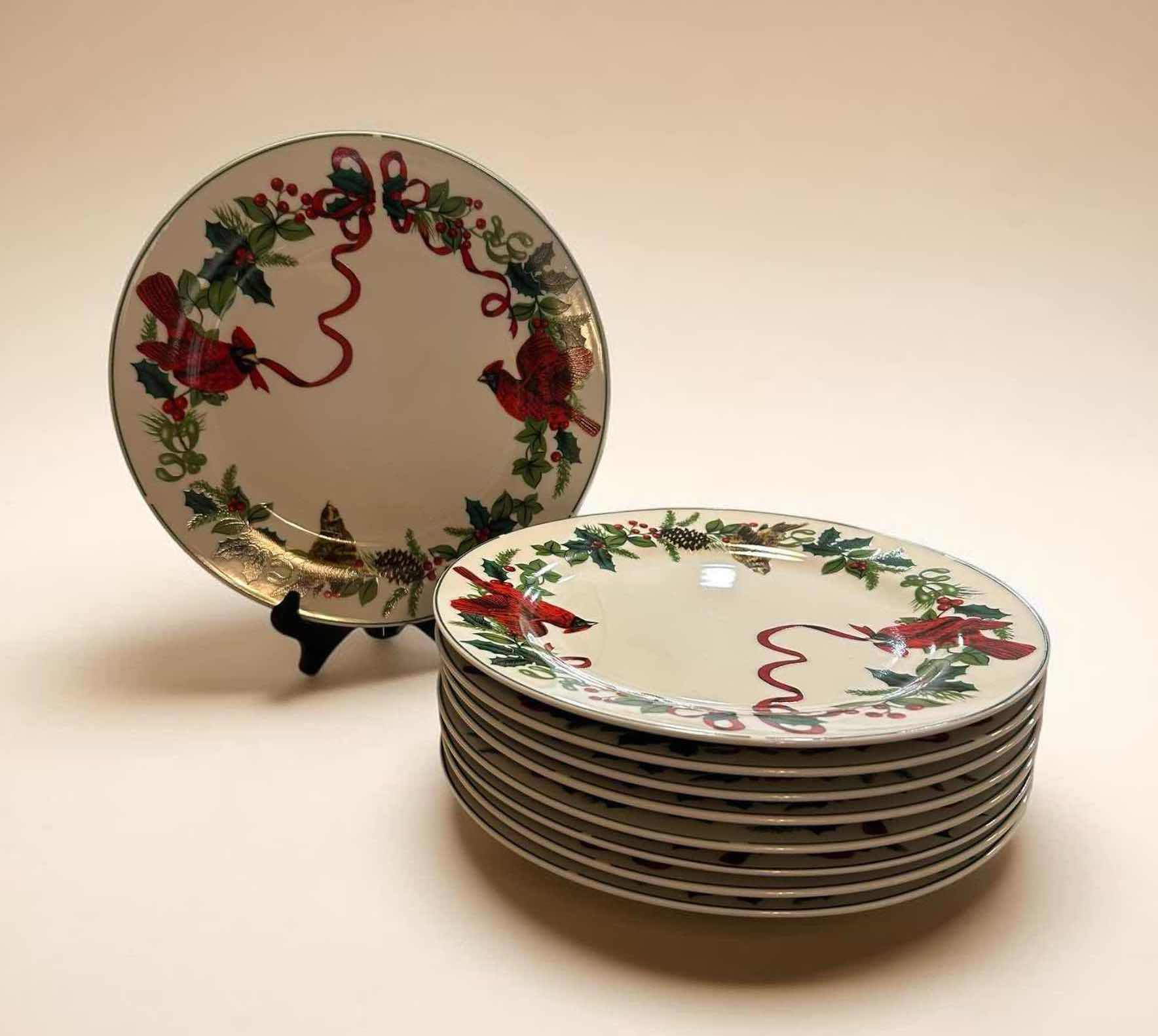 Photo 1 of 9-ROYAL NORFOLK " CARDINAL CHRISTMAS" DINNER PLATES