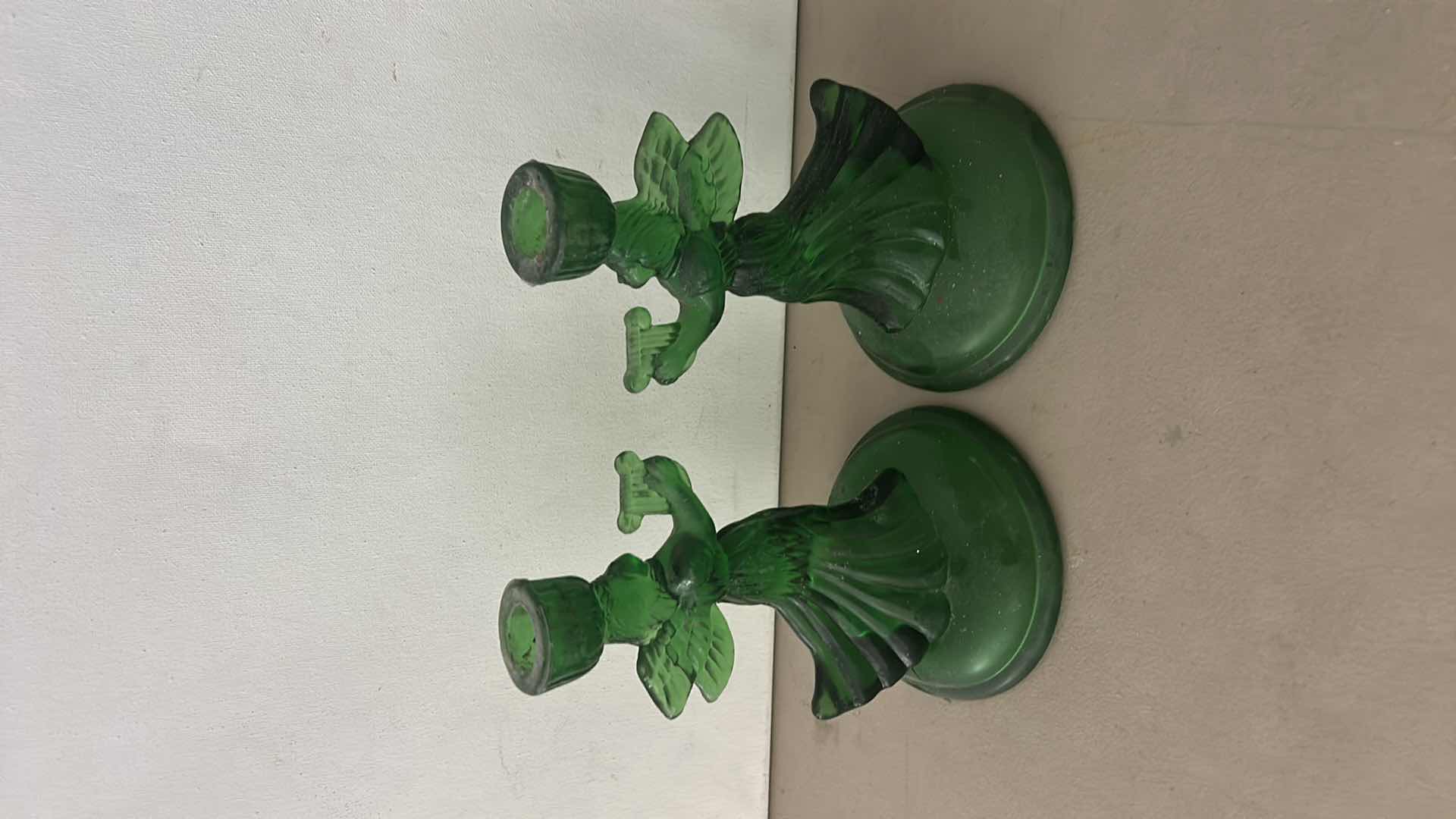 Photo 1 of GREEN GLASS ANGEL CANDLE HOLDERS H8 1/2”