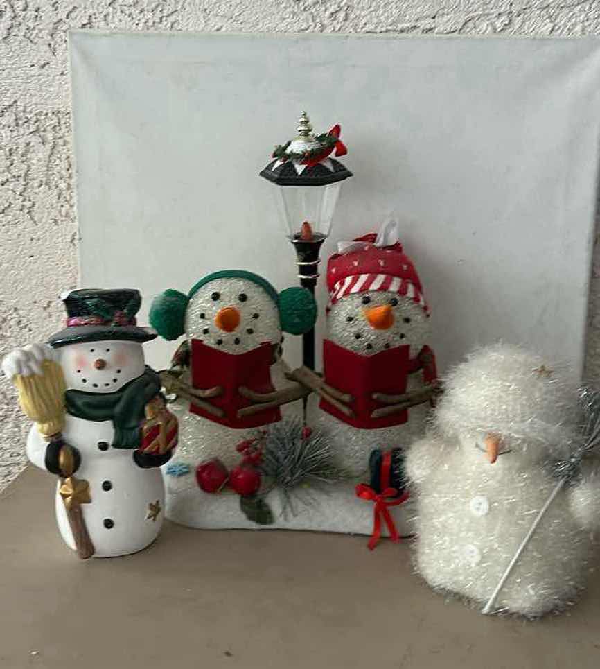 Photo 1 of THREE PIECE SNOWMAN CHRISTMAS DECOR, TALLEST 14”