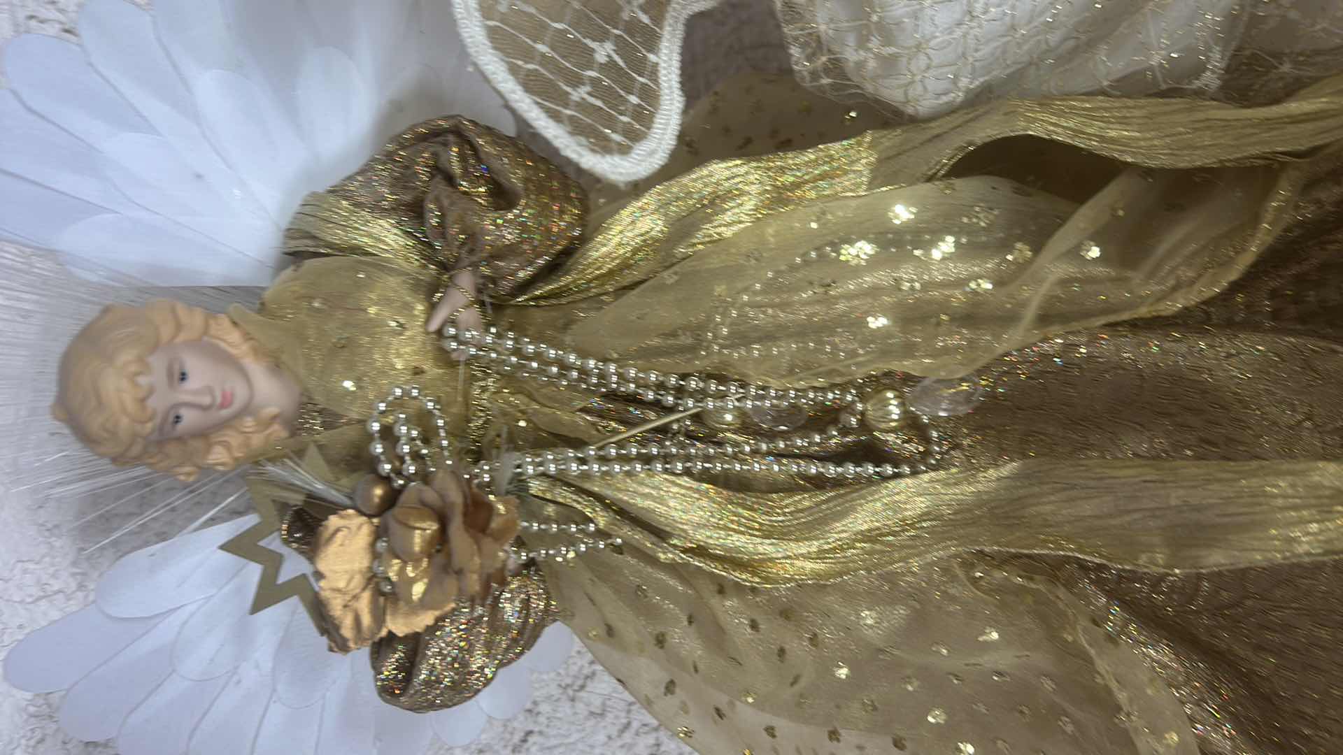 Photo 1 of 2 DECORATIVE ANGEL CHRISTMAS TREE TOPPERS W PORCELAIN FACES & DETAILED FABRIC GOWNS H15”