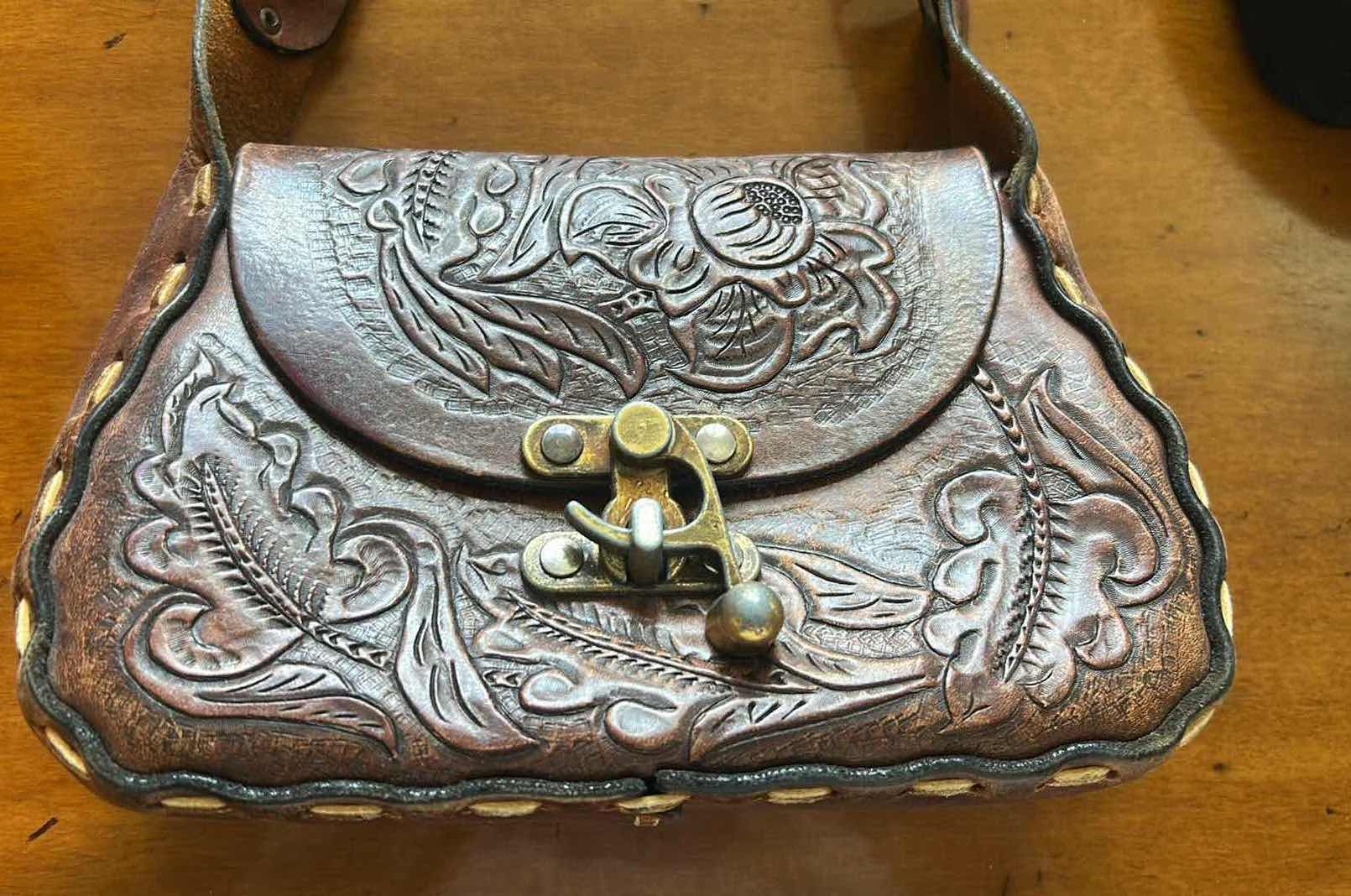 Photo 1 of SMALL VINTAGE STYLE BROWN HAND TOOLED LEATHER SHOULDER BAG W EMBOSSED FLORAL