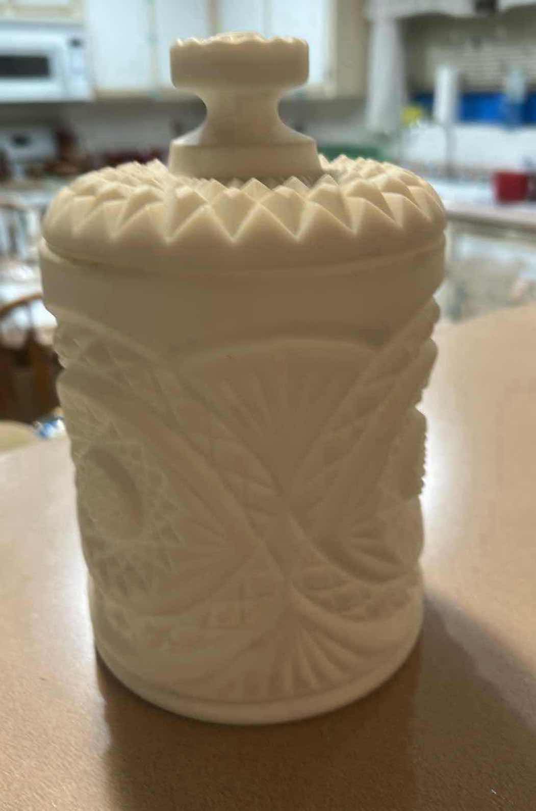 Photo 1 of VINTAGE WHITE MILK GLASS DECOR ORNATE PATTERNED JAR MATCHING VASE