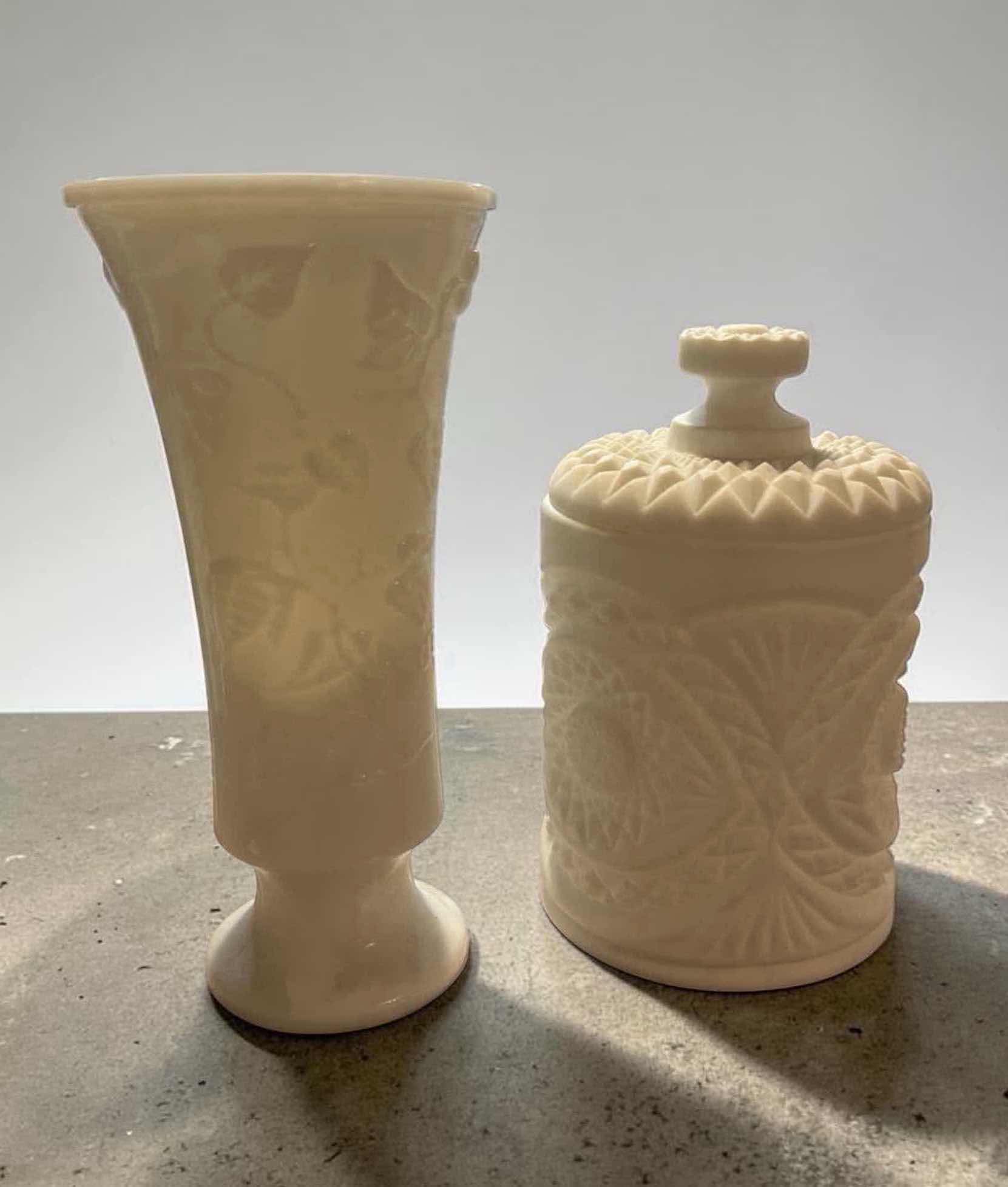 Photo 1 of VINTAGE WHITE MILK GLASS DECOR ORNATE PATTERNED JAR MATCHING VASE