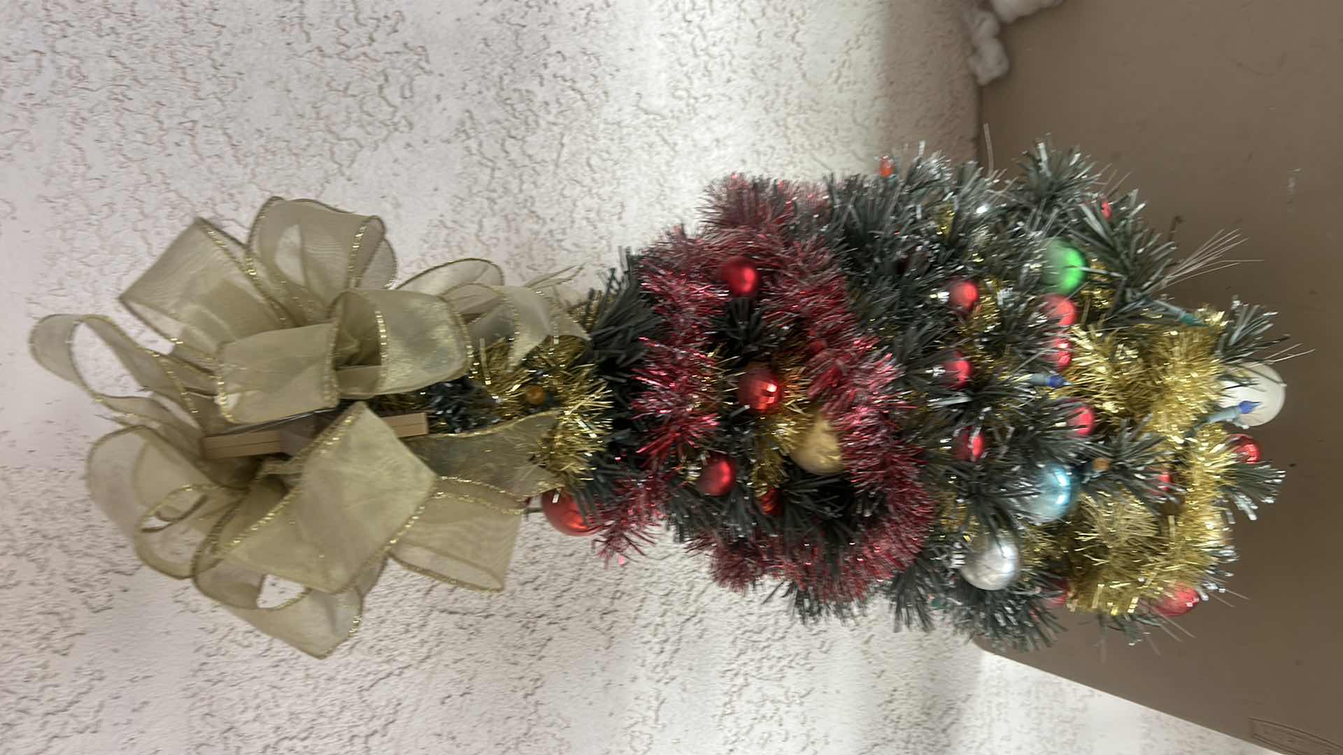 Photo 1 of MINATURE DECORATED TABLETOP CHRISTMAS TREE W GOLD RIBBON BOW H31”