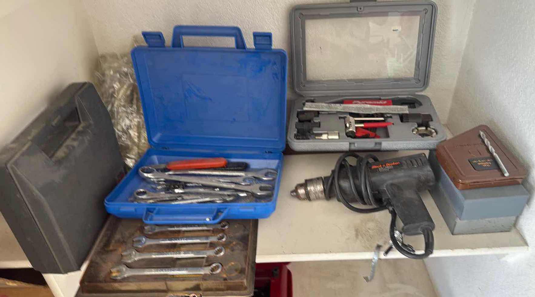 Photo 1 of CONTENTS OF SHELFS DRILL/ TOOLS / PORTABLE BURNER / BLANKET