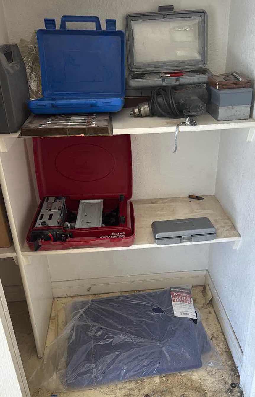 Photo 1 of CONTENTS OF SHELFS DRILL/ TOOLS / PORTABLE BURNER / BLANKET