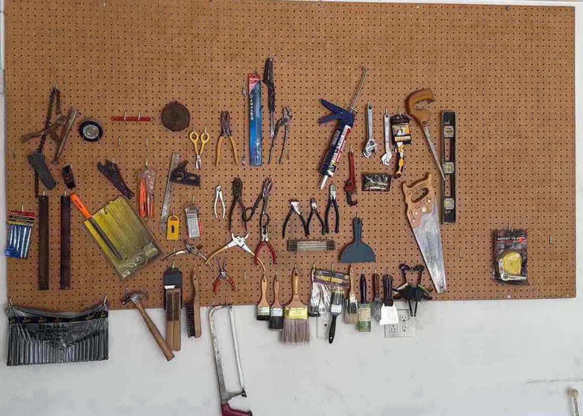 Photo 1 of ASSORTED GARAGE TOOLS W PEG BOARD 90' X 48'