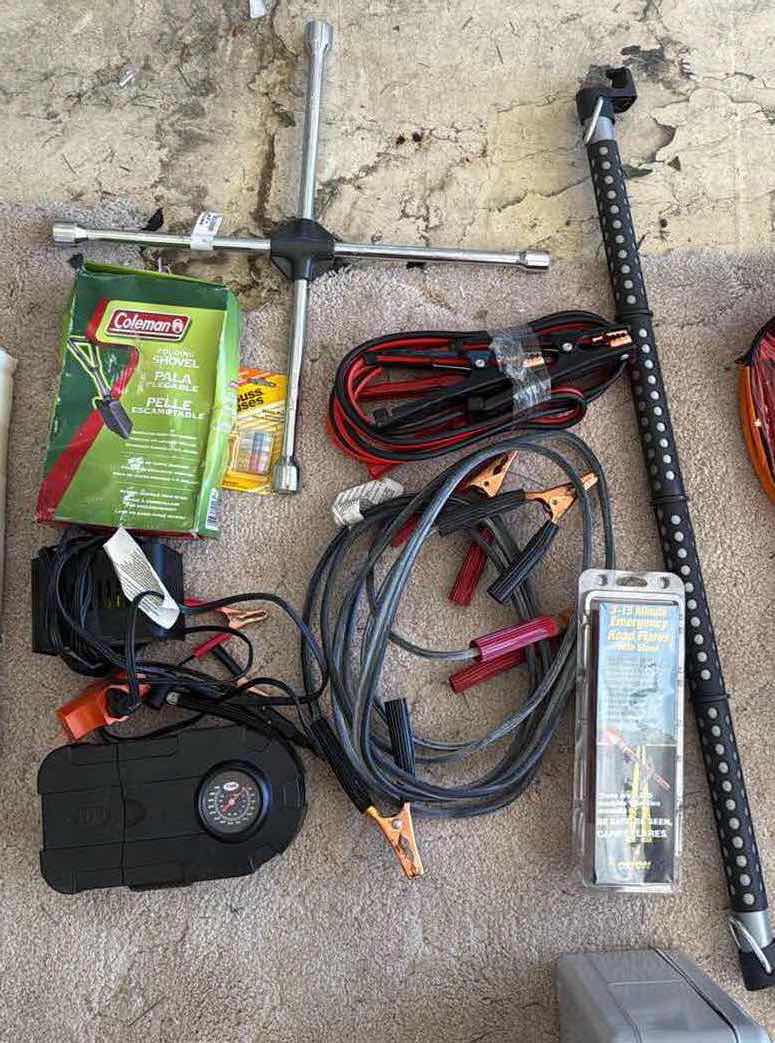 Photo 1 of ASSORTED TOOLS/ JUMPER CABLES/ AIR COMPRESSOR/ SHOVEL $40