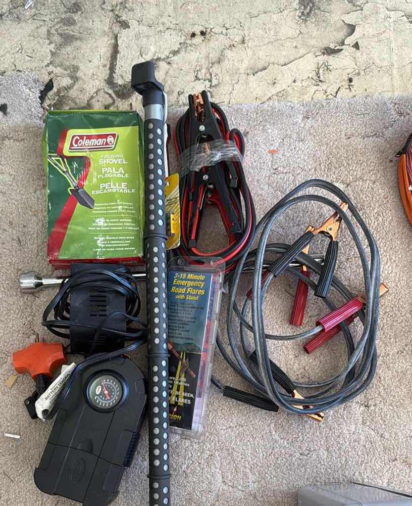 Photo 1 of ASSORTED TOOLS/ JUMPER CABLES/ AIR COMPRESSOR/ SHOVEL $40
