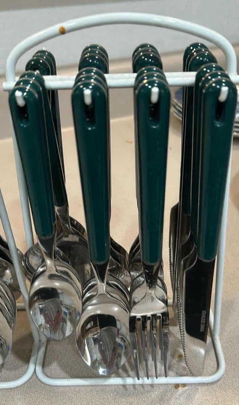 Photo 1 of 2-VINTAGE STYLE HANGING FLATWARE SET W DARK GREEN PLASTIC HANDLES STAINLESS STEEL FLATWARE