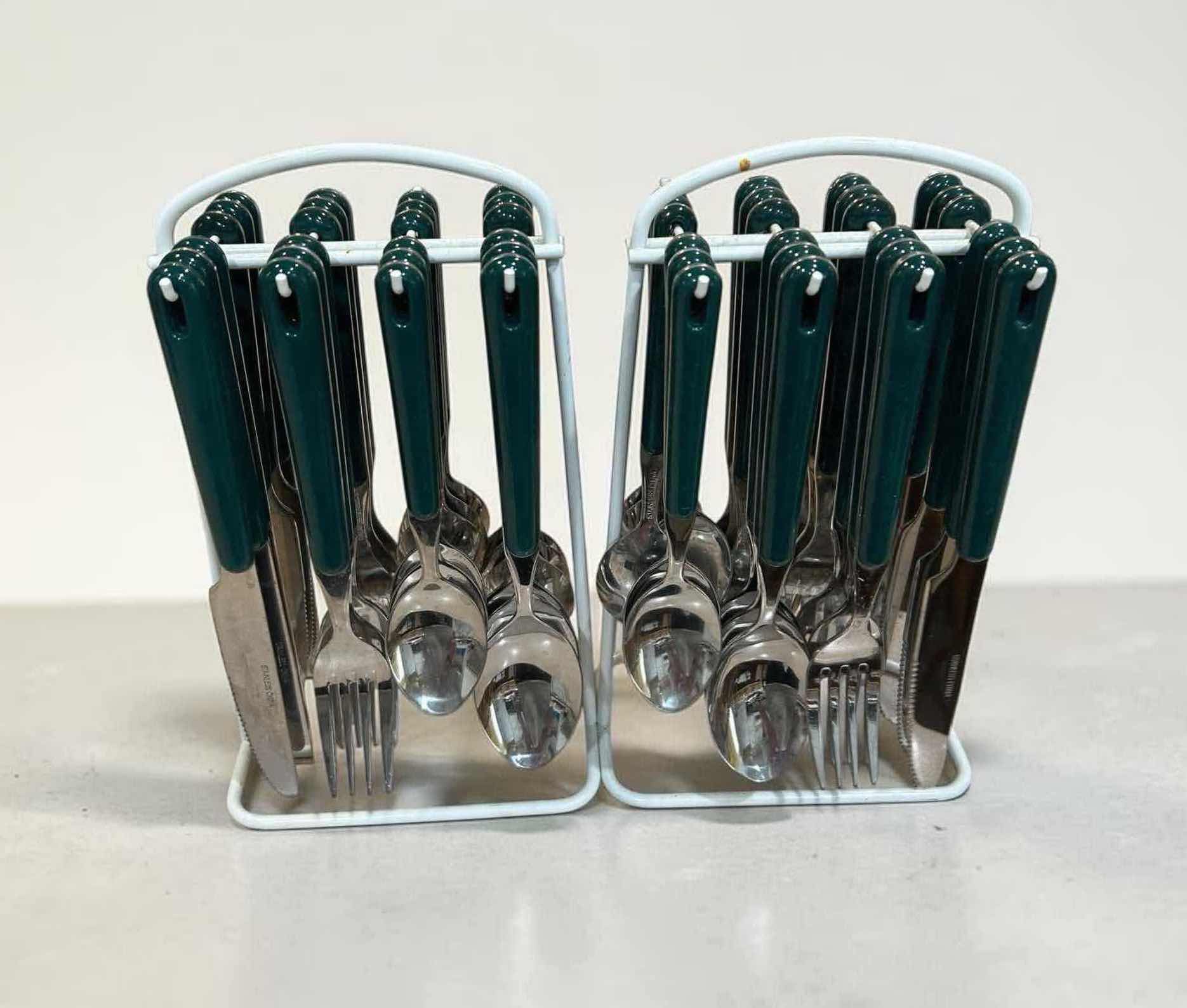 Photo 1 of 2-VINTAGE STYLE HANGING FLATWARE SET W DARK GREEN PLASTIC HANDLES STAINLESS STEEL FLATWARE