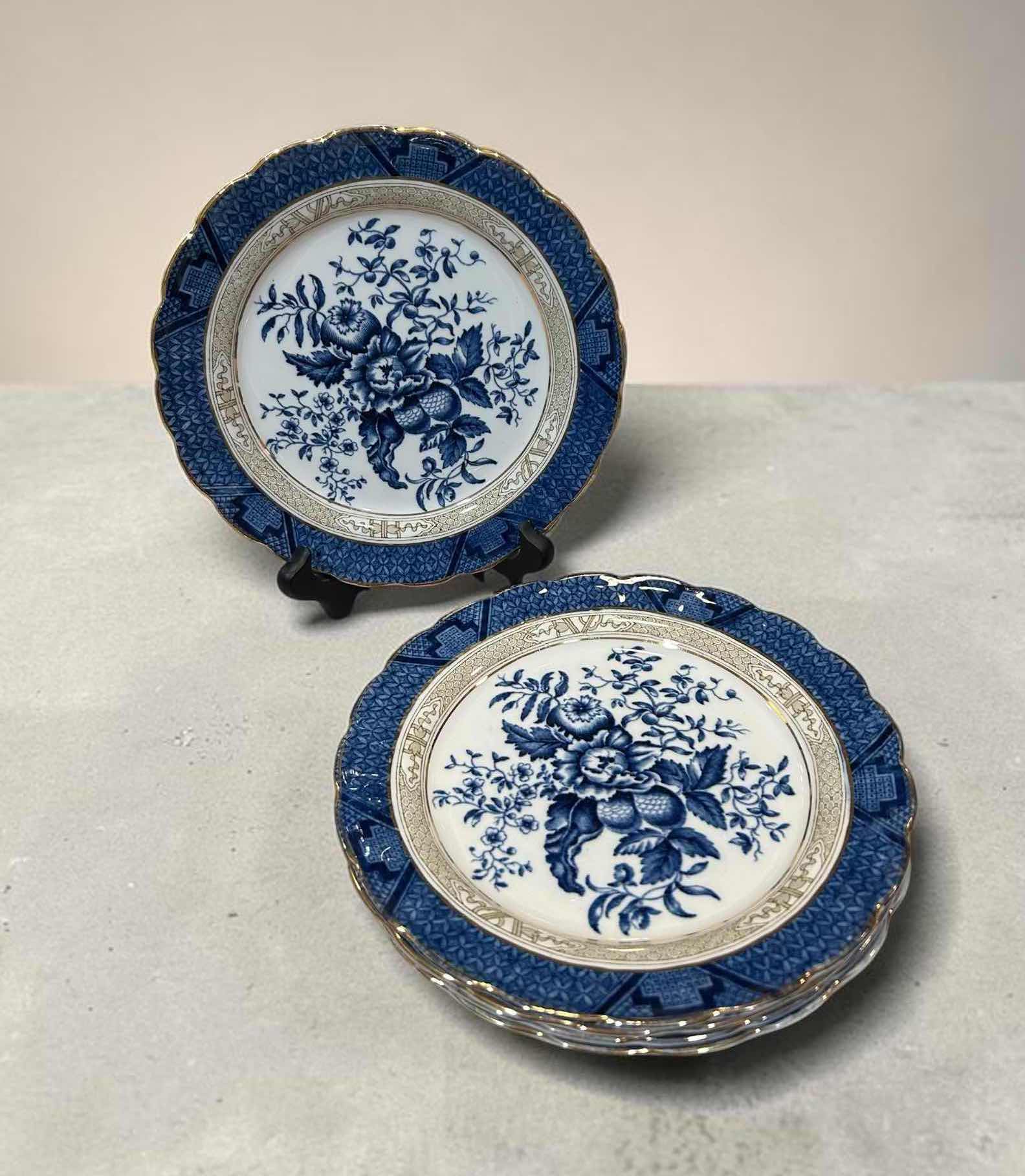 Photo 1 of 5-VINTAGE BLUE WHITE FLORAL DESSERT PLATE 7" BY BOOTHS SILICON CHINA
