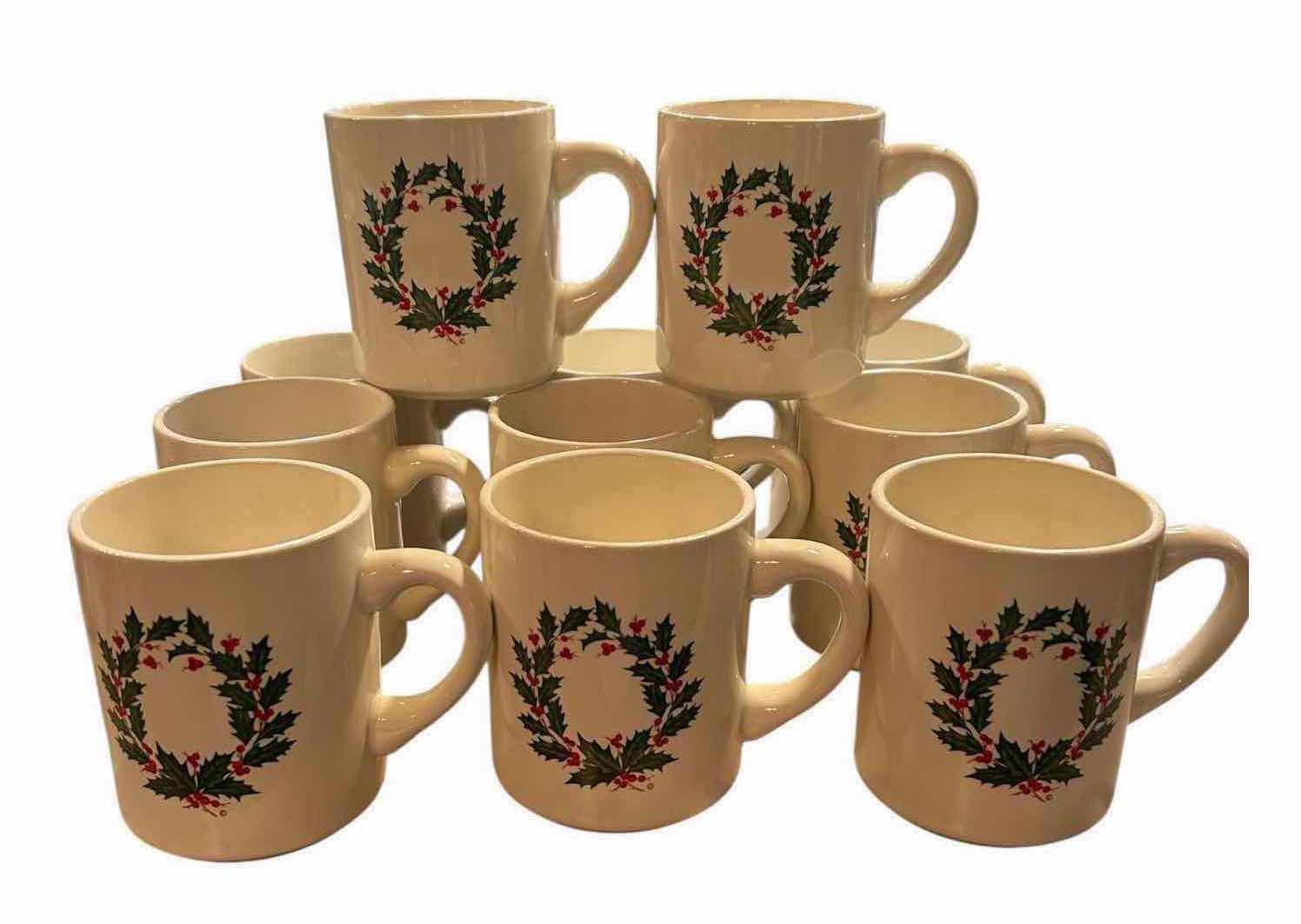 Photo 1 of 11-VINTAGE WHITE CERAMIC HOLIDAY HOLLY WREATH MUGS