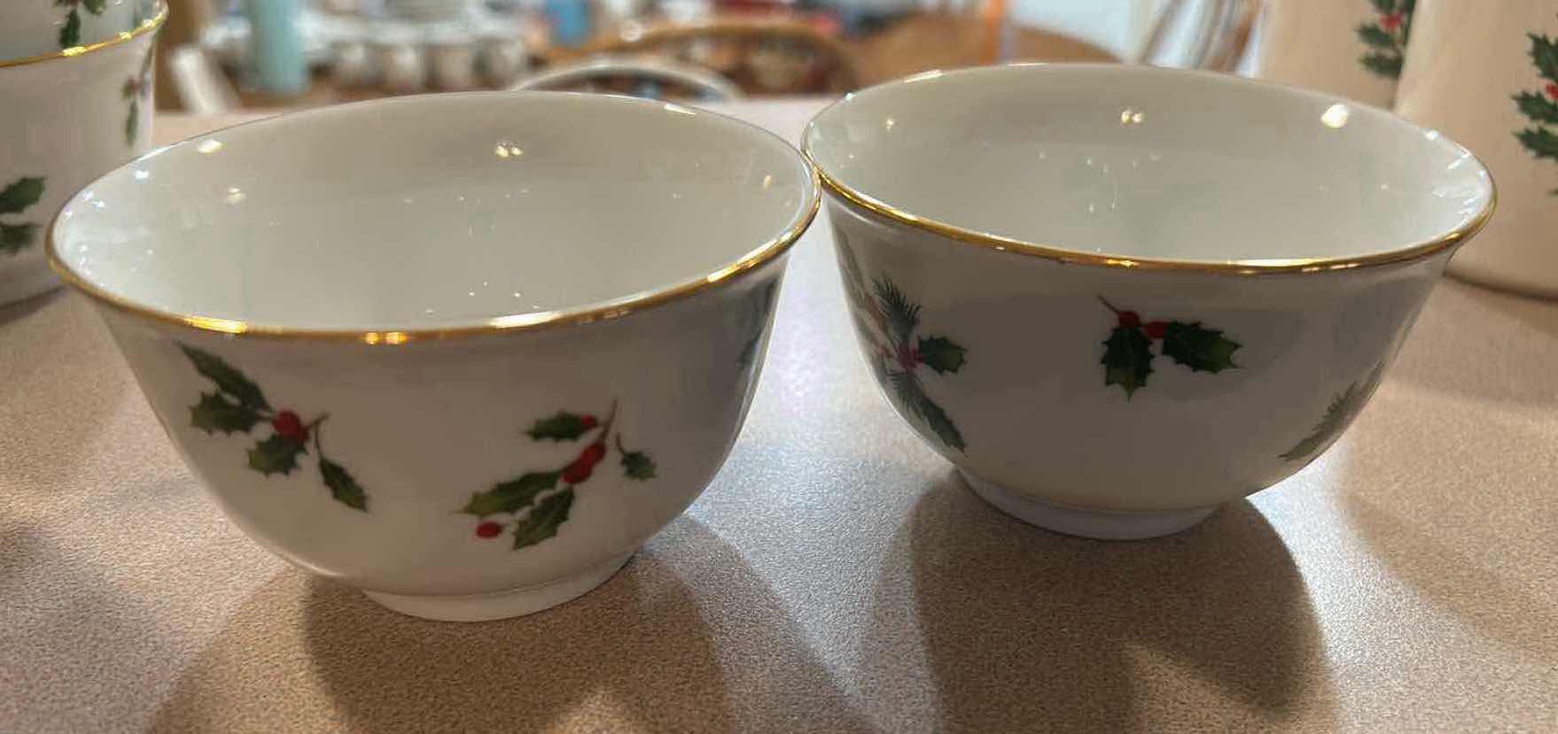 Photo 1 of 12-WHITE PORCELAIN SMALL DESSERT BOWLS W GOLD RIM GREEN HOLLY RED BERRY