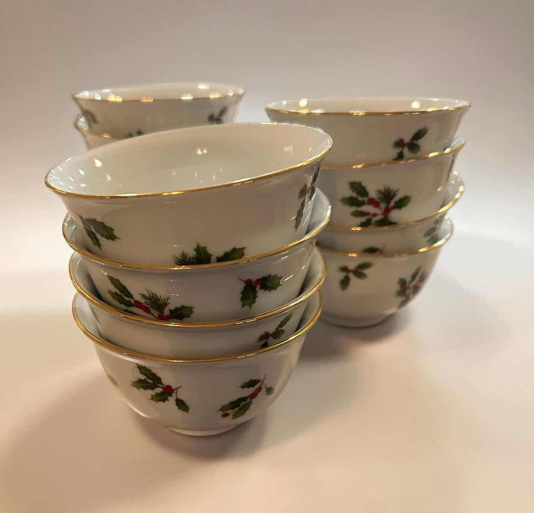 Photo 1 of 12-WHITE PORCELAIN SMALL DESSERT BOWLS W GOLD RIM GREEN HOLLY RED BERRY
