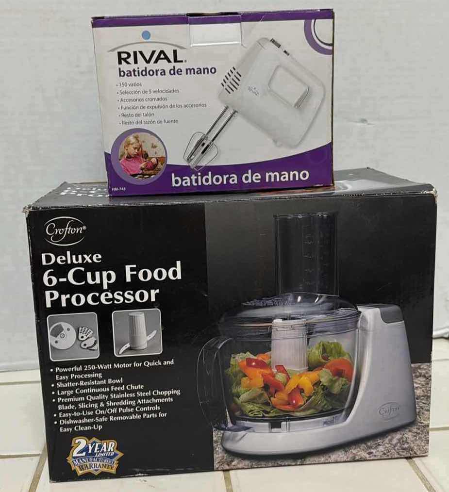 View 1 of 2-NIB KITCHEN APPLIANCES (CROFTON 6 CUP FOOD PROCESSOR, RIVAL HAND MIXER)