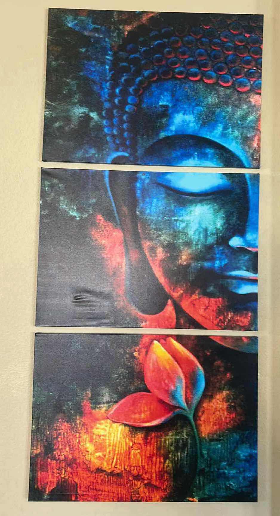 View 4 of THREE PIECE STRETCH TRIPTYCH CANVAS, VIBRANT ABSTRACT BUDDHA FACE ARTWORK 27 1/2“ x H20“