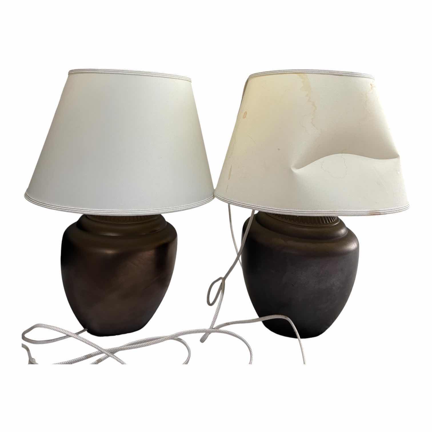 Photo 1 of SET OF TWO MATCHING LAMPS, ONE SHADE IS DAMAGED H21”