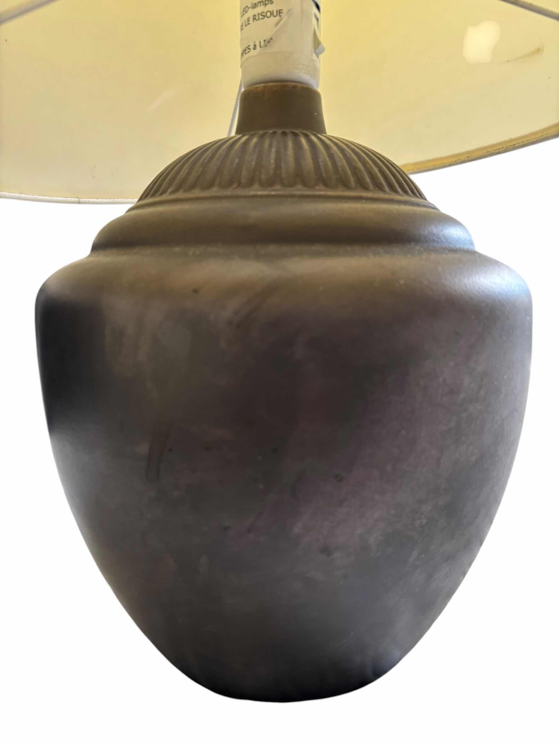Photo 1 of SET OF TWO MATCHING LAMPS, ONE SHADE IS DAMAGED H21”